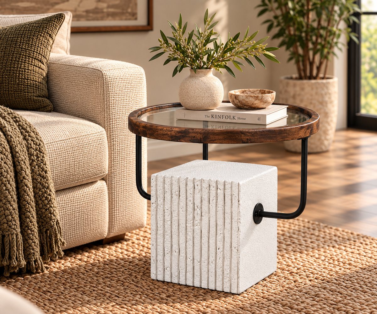 Modern Fluted Tall GRC Side Table with Floating Glass Top