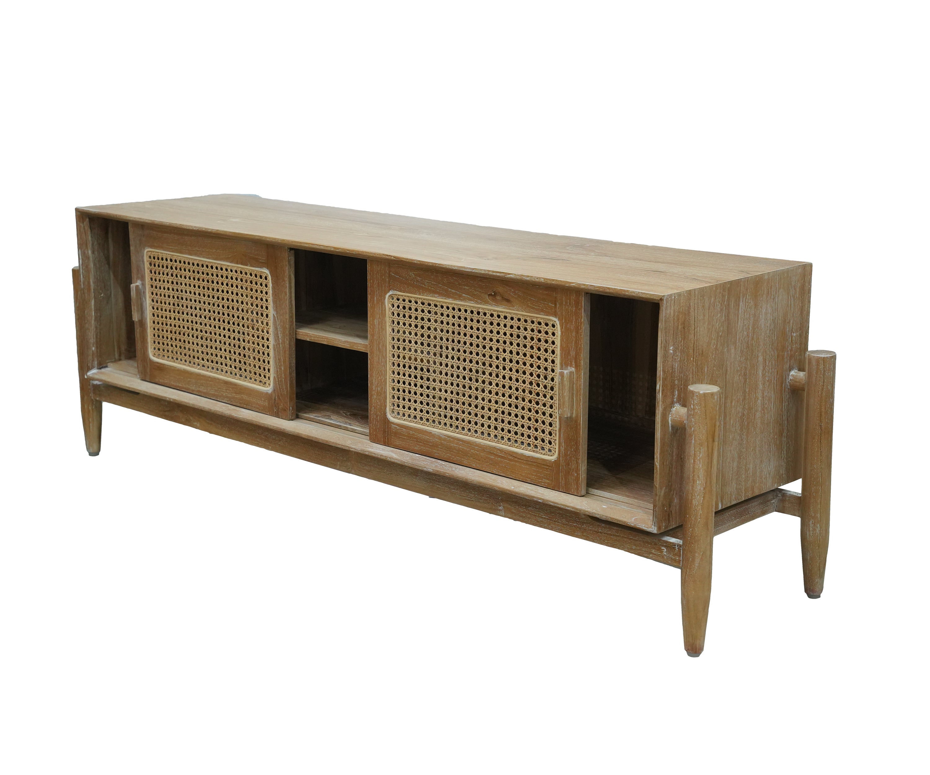 Natural Teak & Cane Low TV Unit