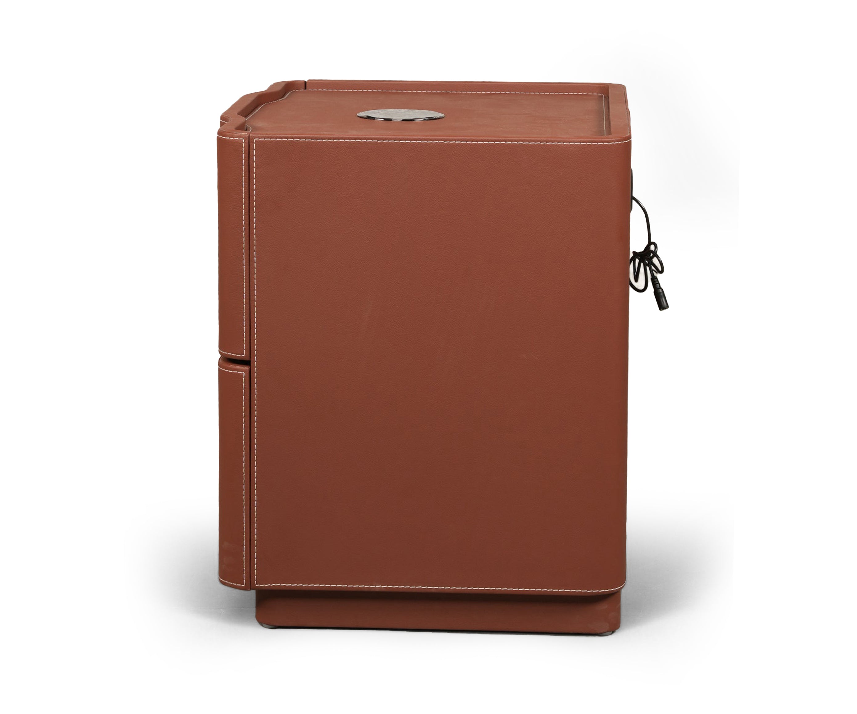 Cognac Leather Wrapped 2-Drawer Bed Side Table with Cutout Handles