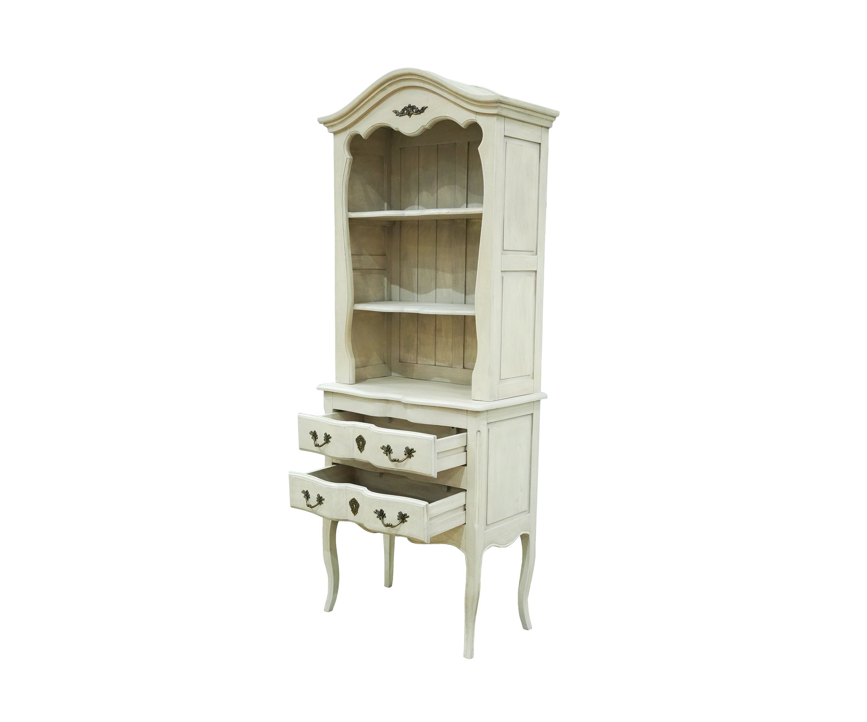 White French Country Display Cabinet with Open Shelves and Drawers