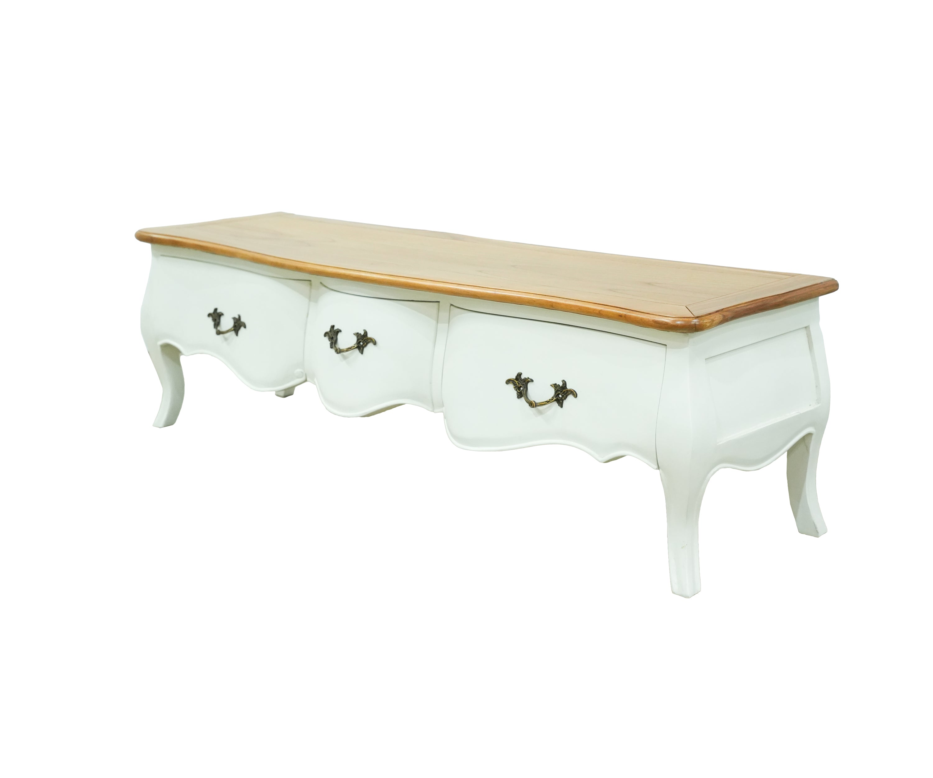 French Classic Whitewashed TV Unit with Wooden Top