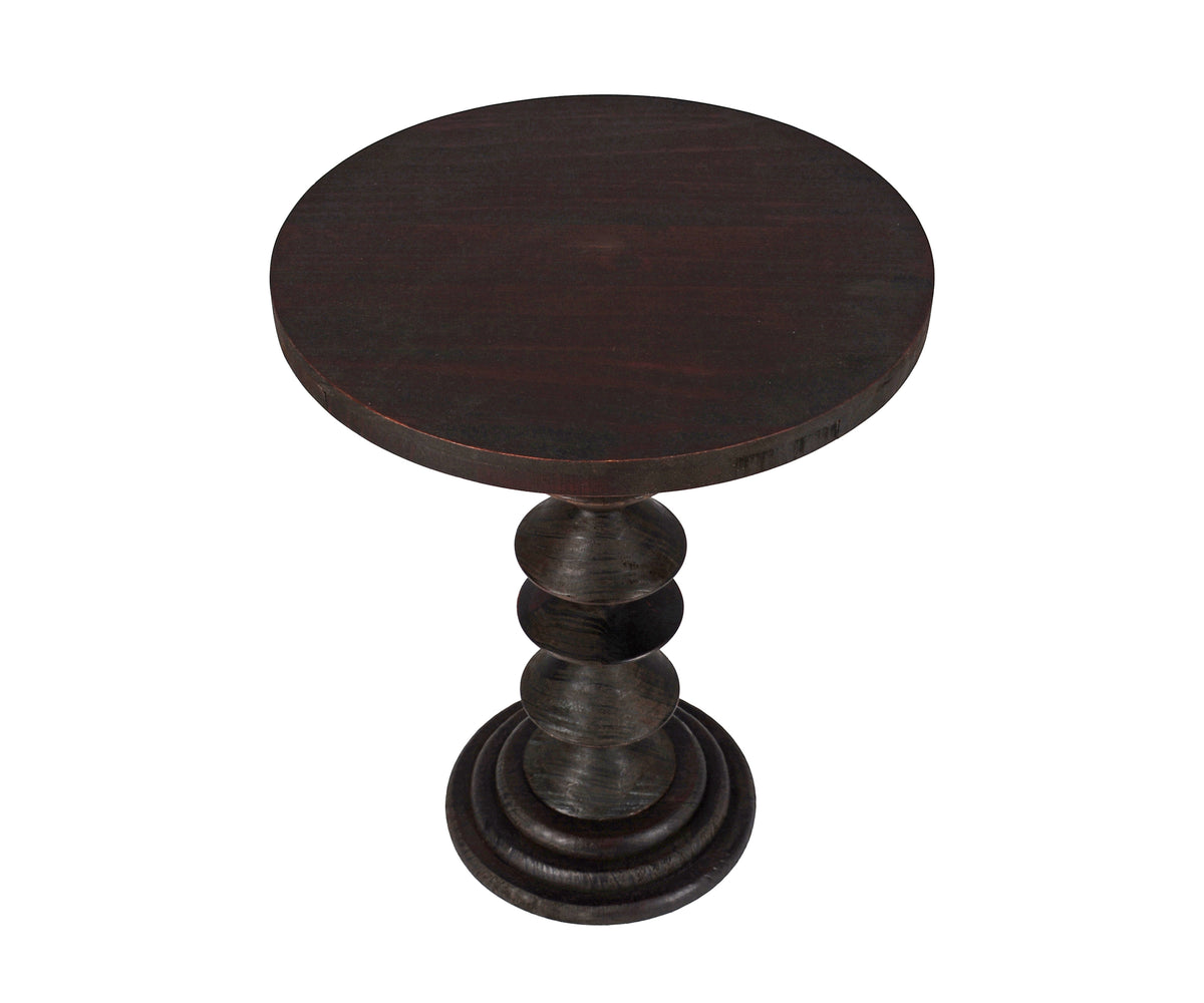Round Dark Wood Side Table with Stacked Geometric Pedestal