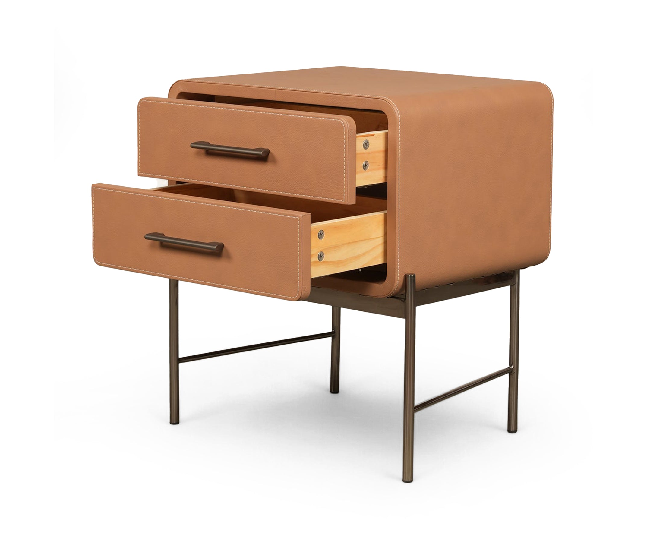 Camel Leather Wrapped 2-Drawer Bed Side Table with Metal Base