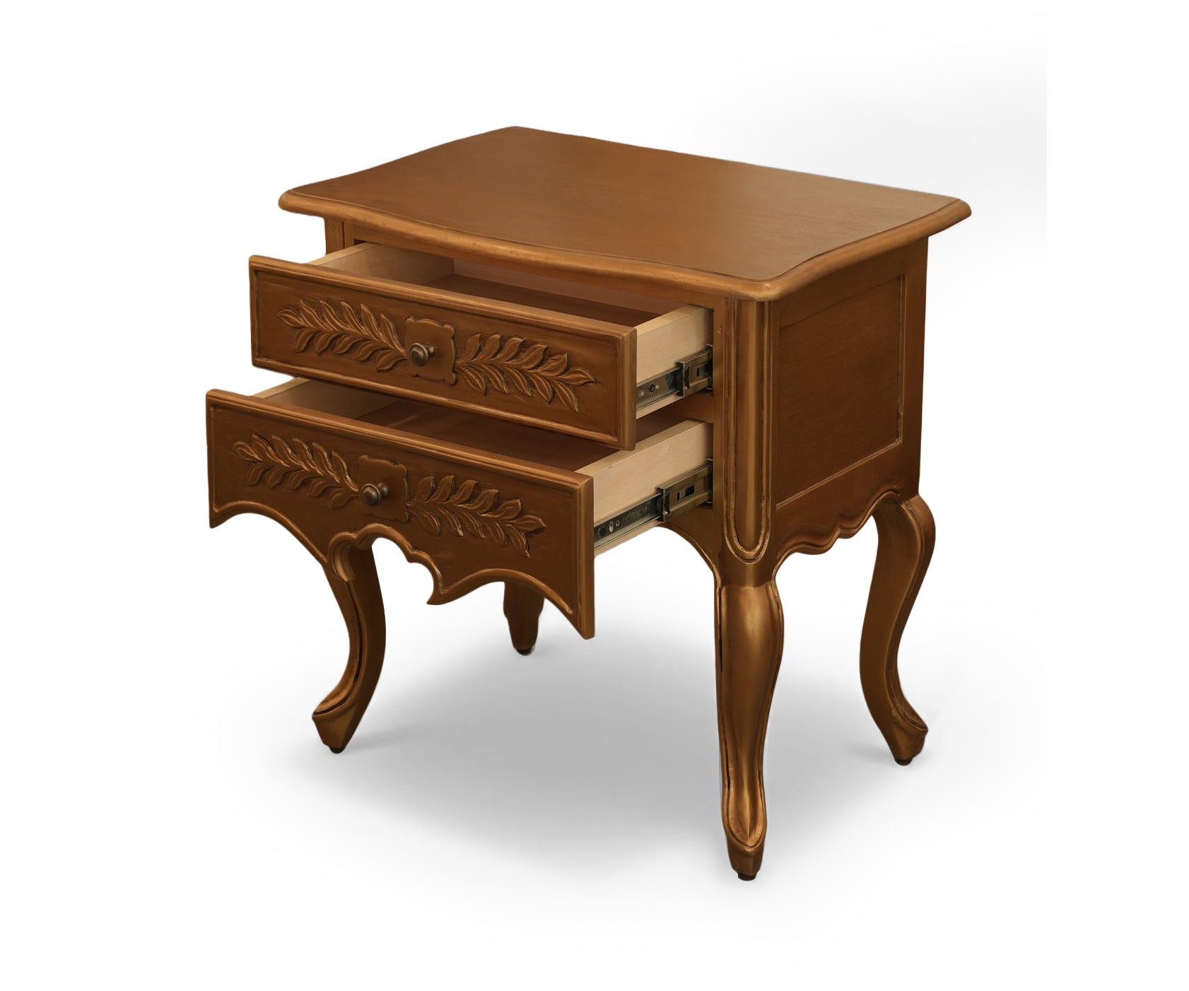 Honey Brown French Carved Acacia 2-Drawer Bed Side Table