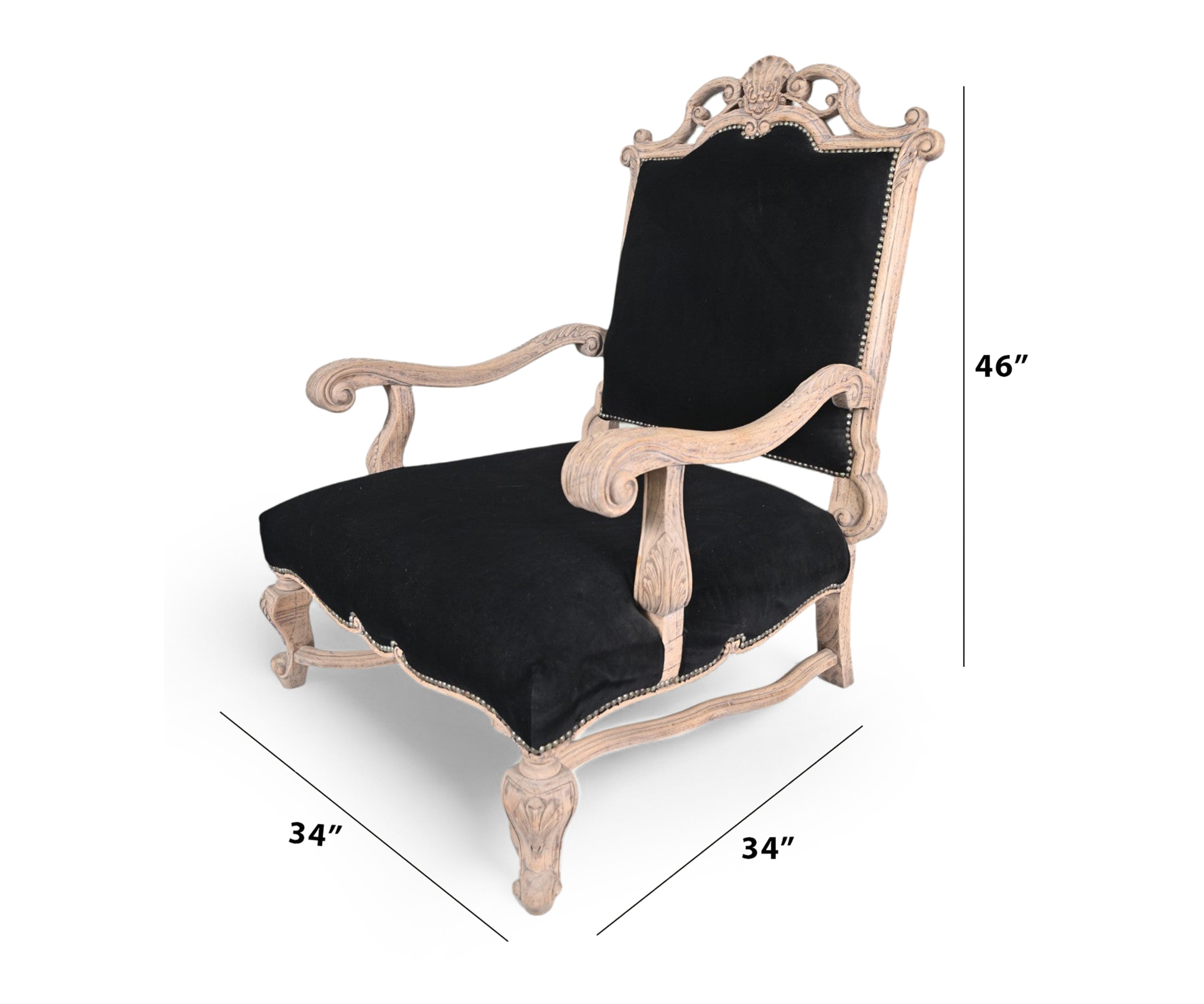 Black Velvet Antique French Carved Accent Chair with Brass Studs