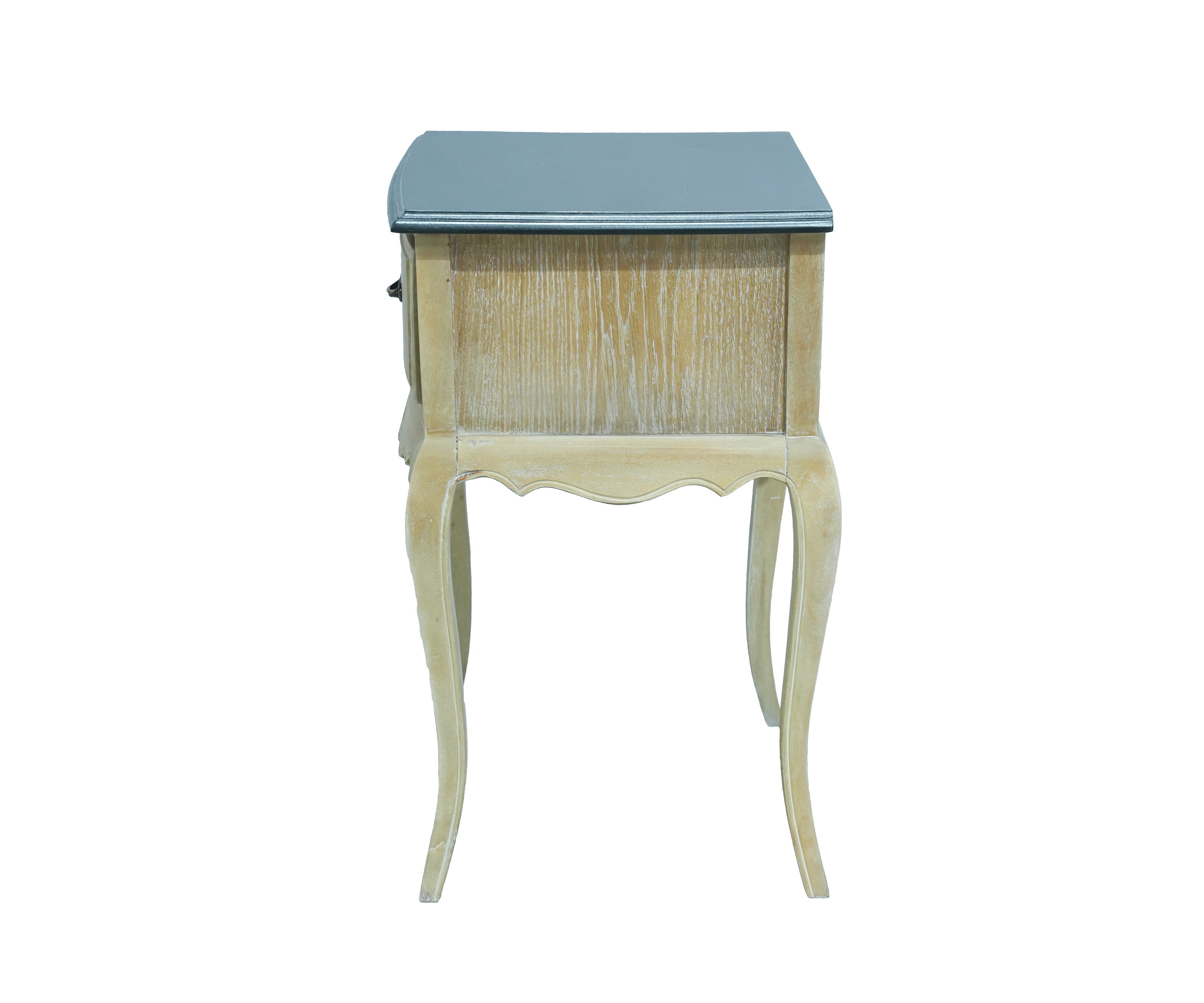 French Style Natural Wood Bedside Table with Black Top