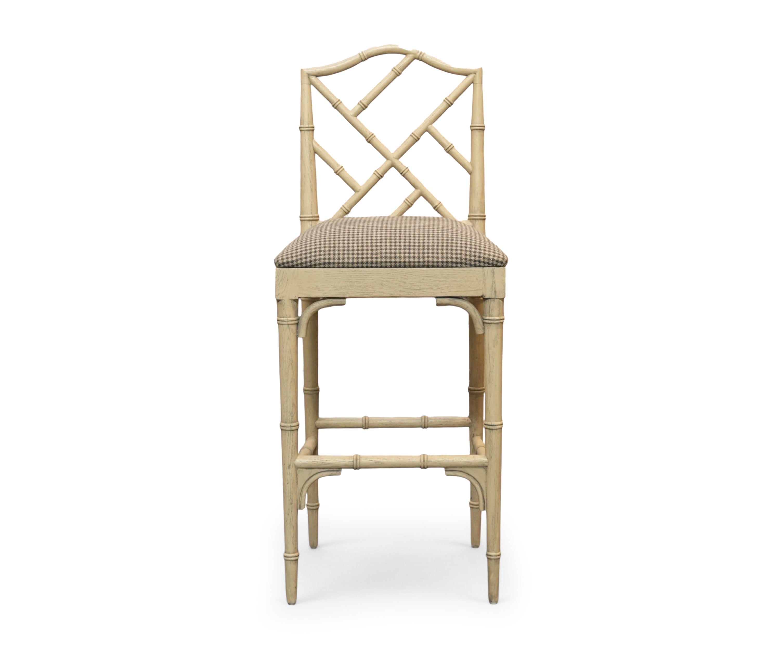 Bamboo Style Wooden Bar Chair with Bouclé Seat - Checks