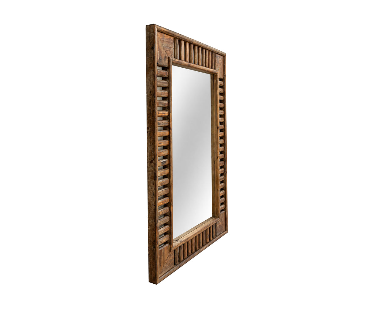 Slatted Teak Rectangular Wall Mirror in Warm Brown Finish