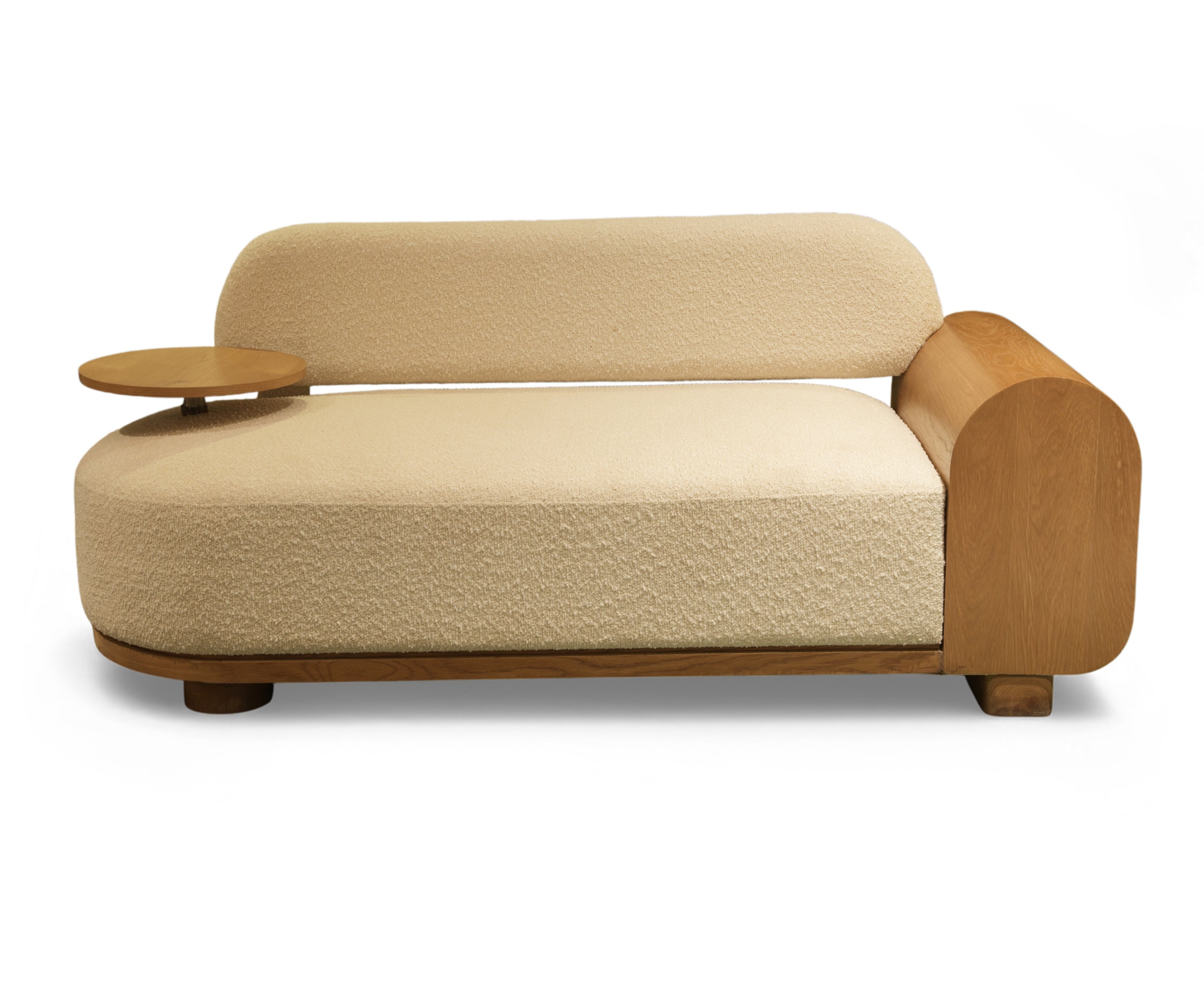 Oak Panel Bouclé Sofa with Side Table
