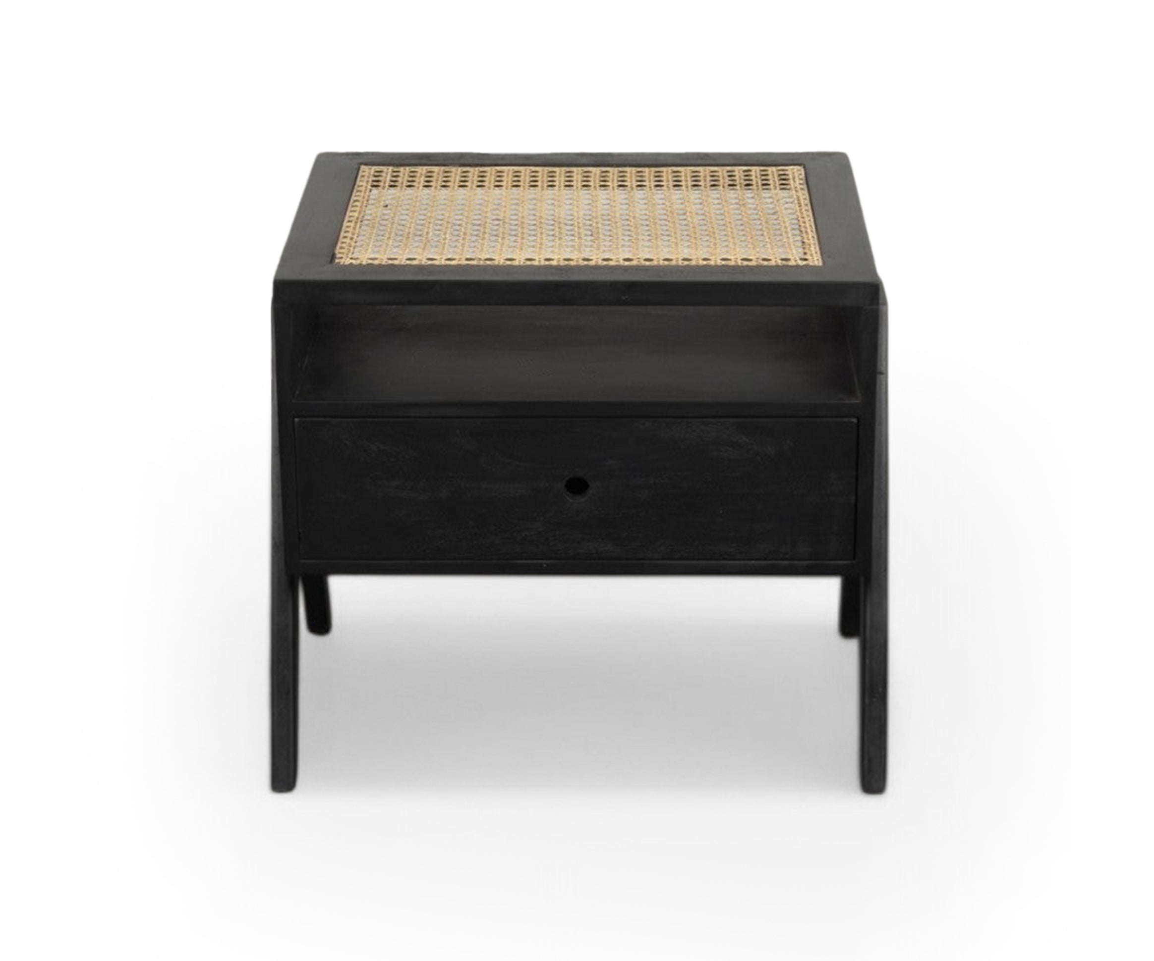 Black Cane Top V-Leg Bed Side Table with Drawer and Open Shelf