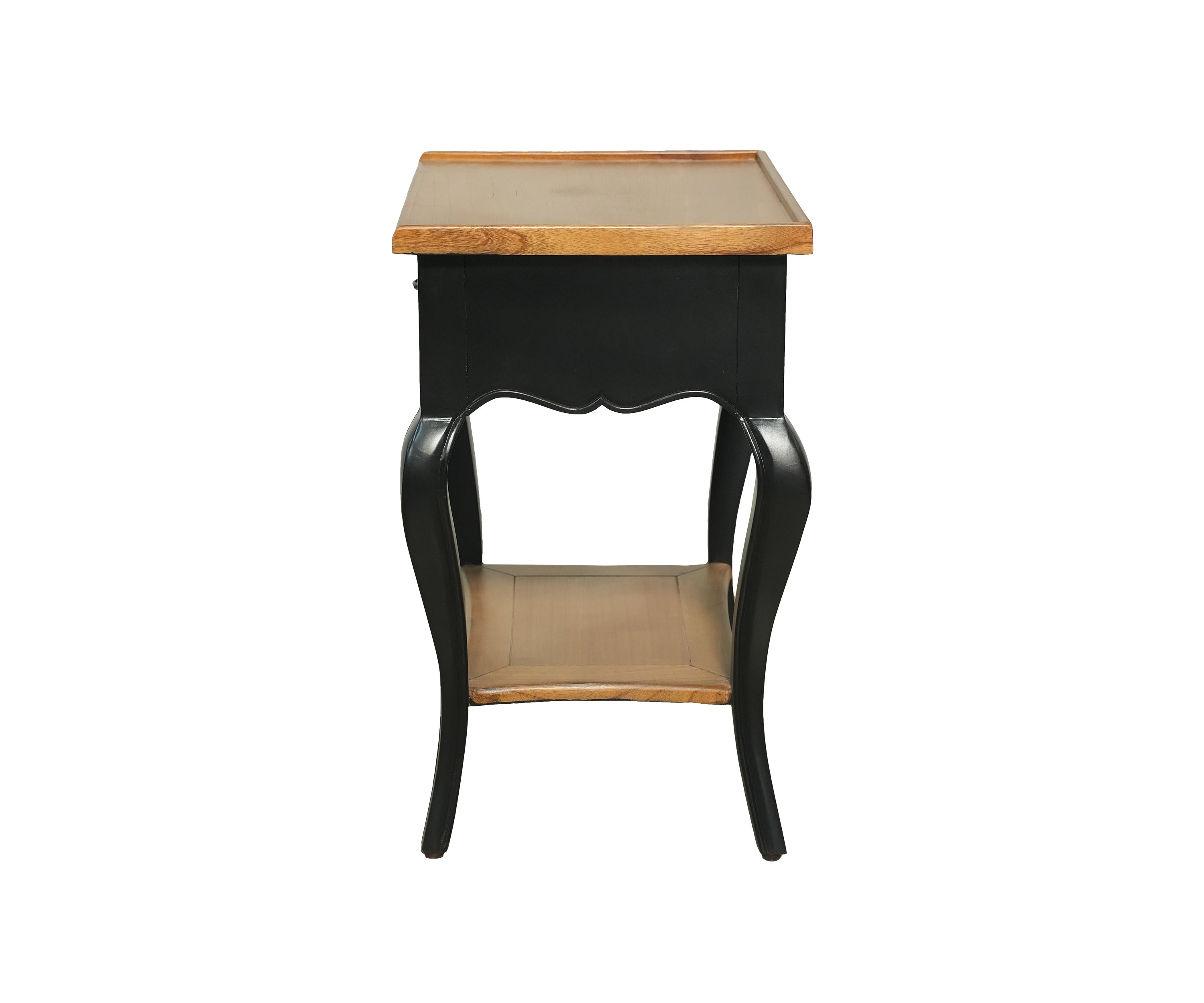 French style Black Side Table with Warm Wood Top and Open Shelf
