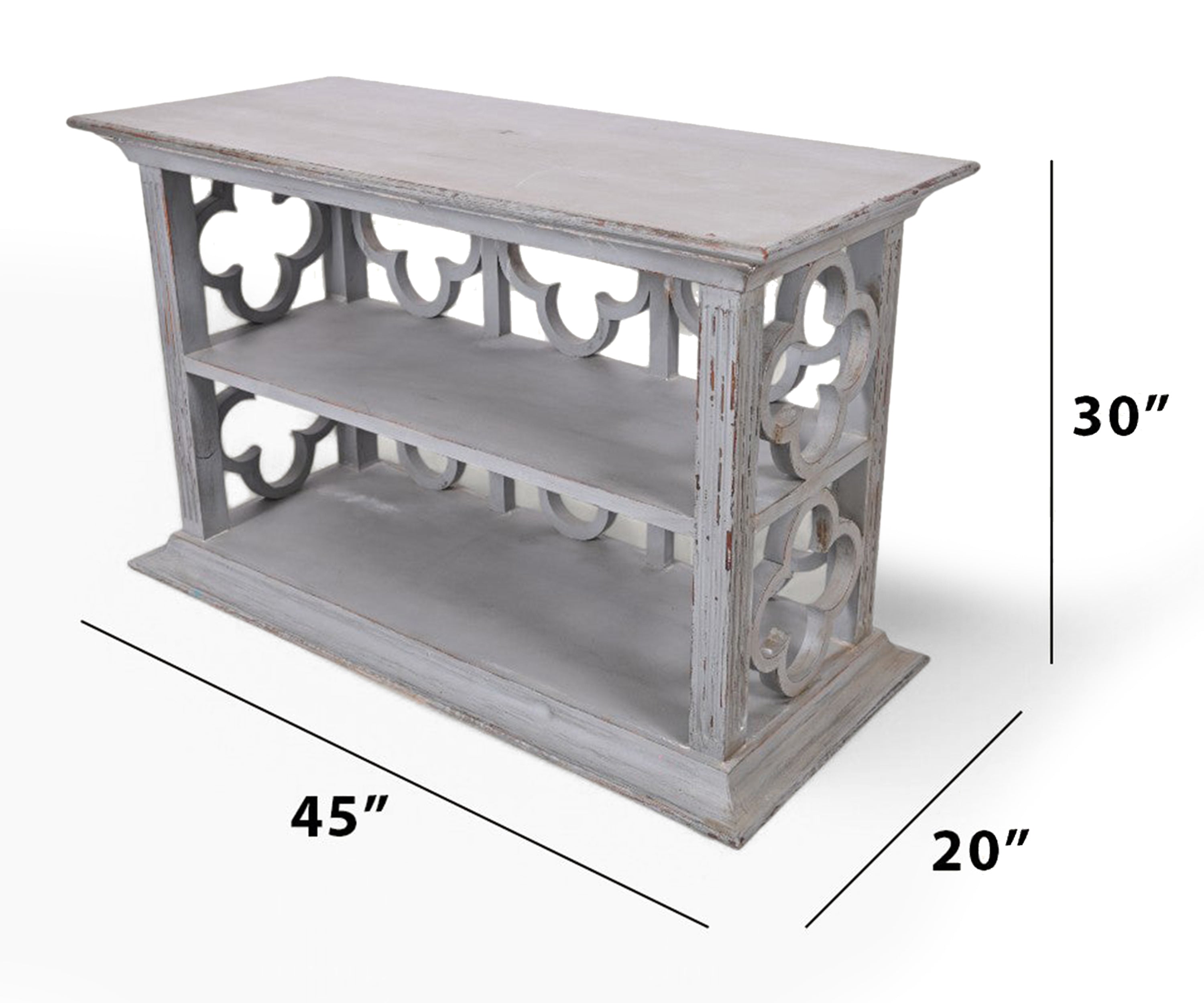 Distressed Grey Wooden Console Table with Decorative Fretwork and Open Shelves