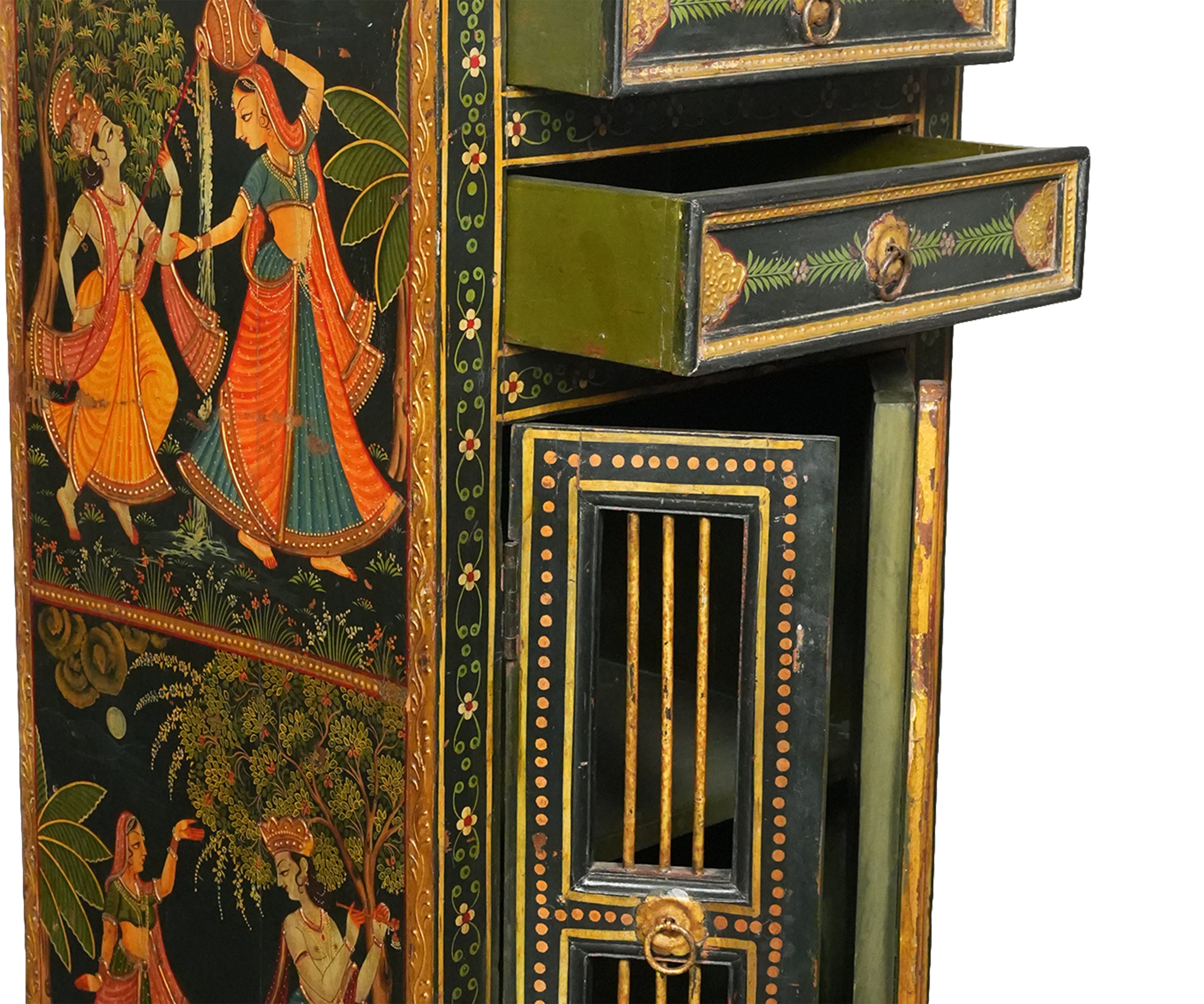 Hand-Painted Wooden Cabinet with Drawers and Double Doors