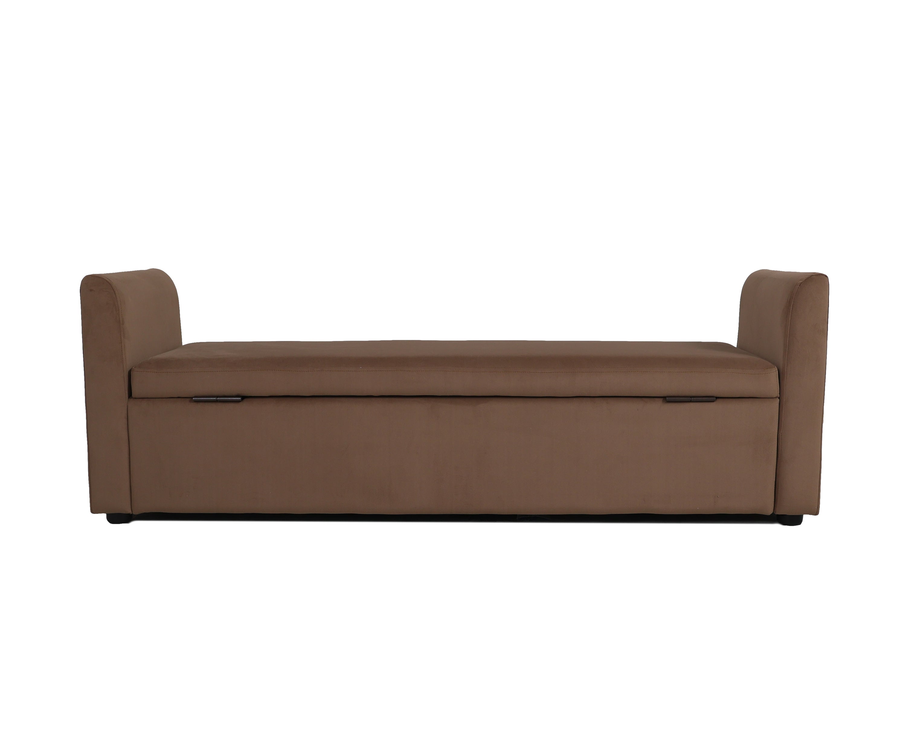 Mocha Beige Velvet Bench with Scroll Arms & Lift-Up Seat