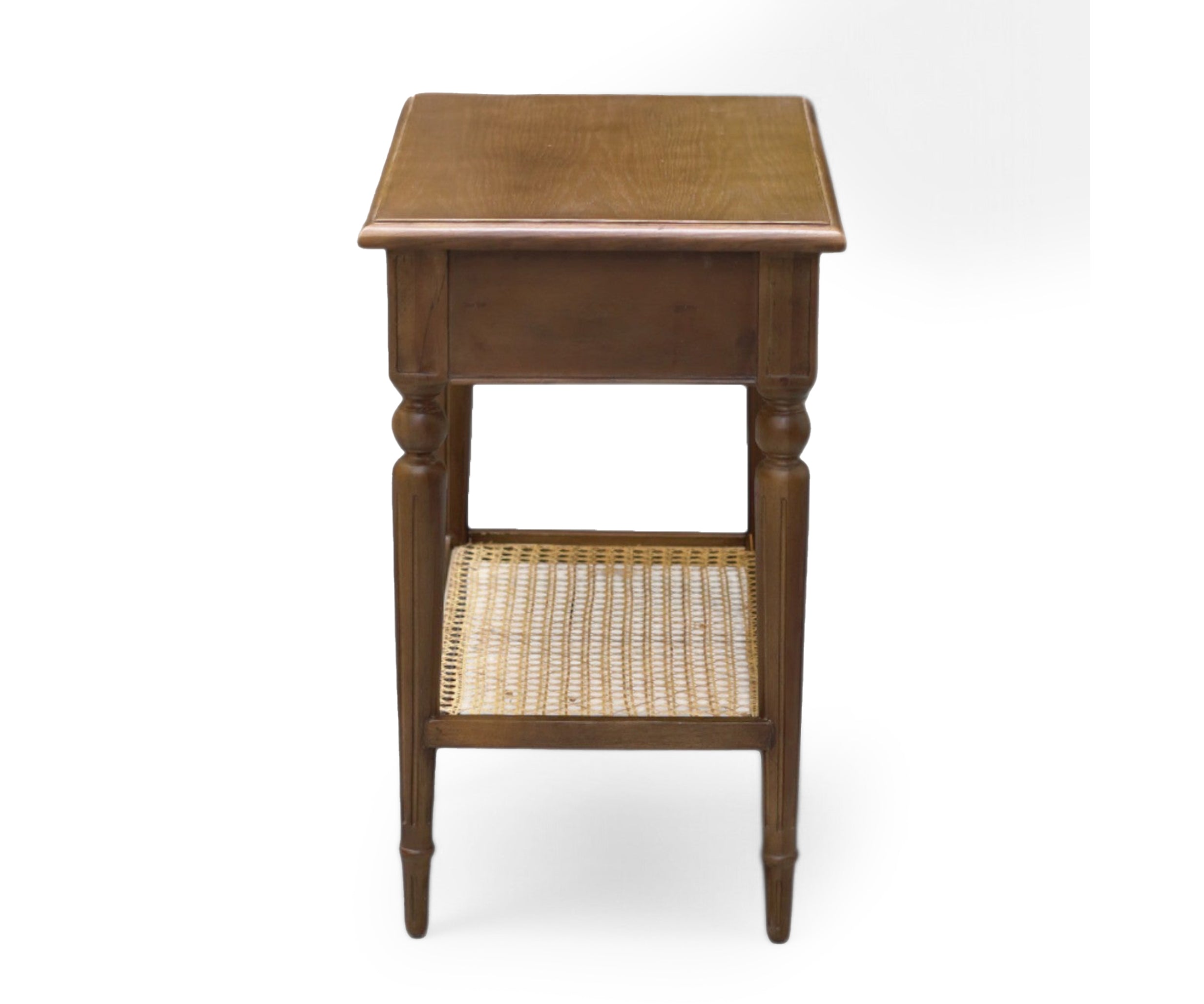 Walnut Cane Shelf Bed Side Table with Single Drawer