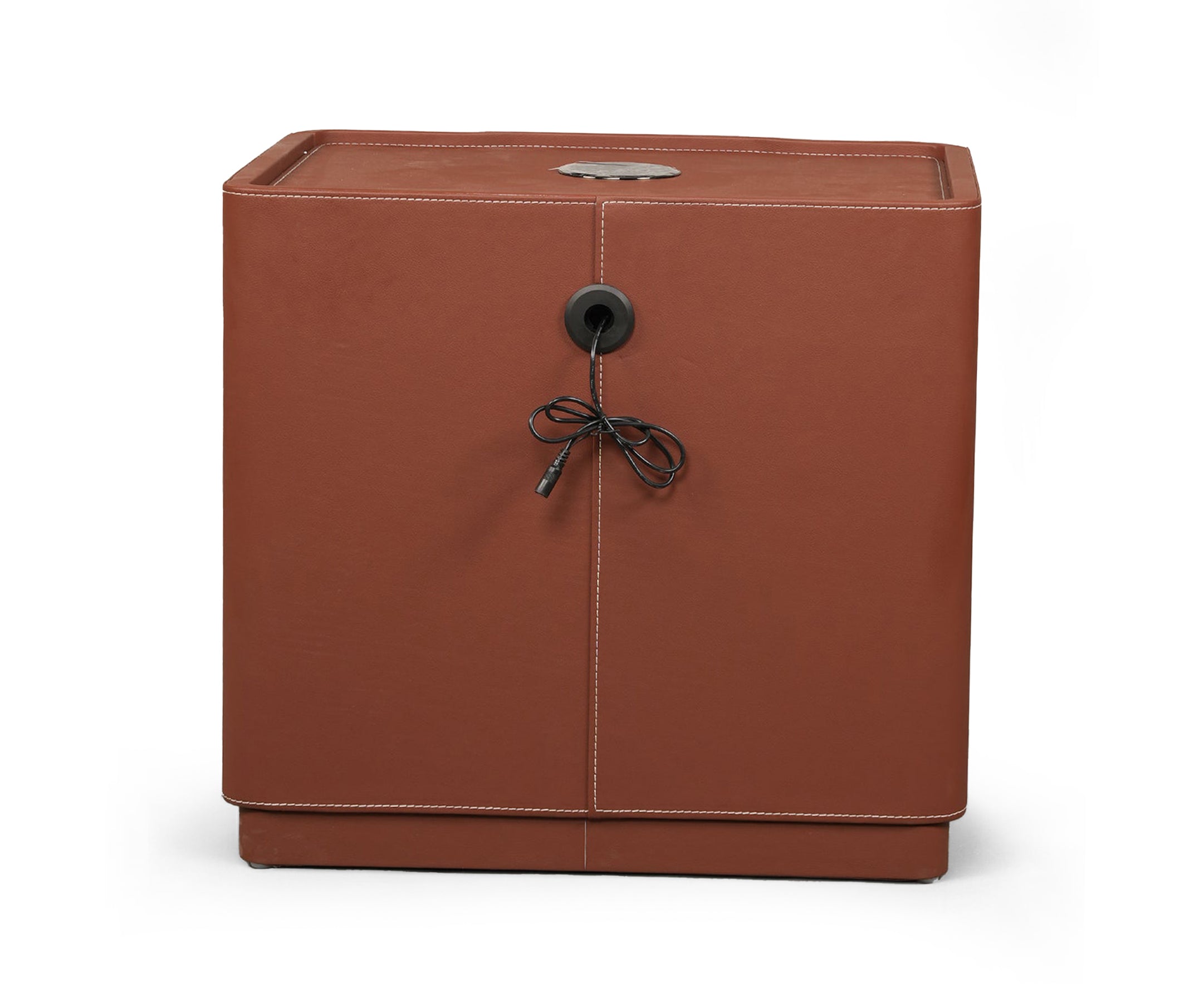 Cognac Leather Wrapped 2-Drawer Bed Side Table with Cutout Handles
