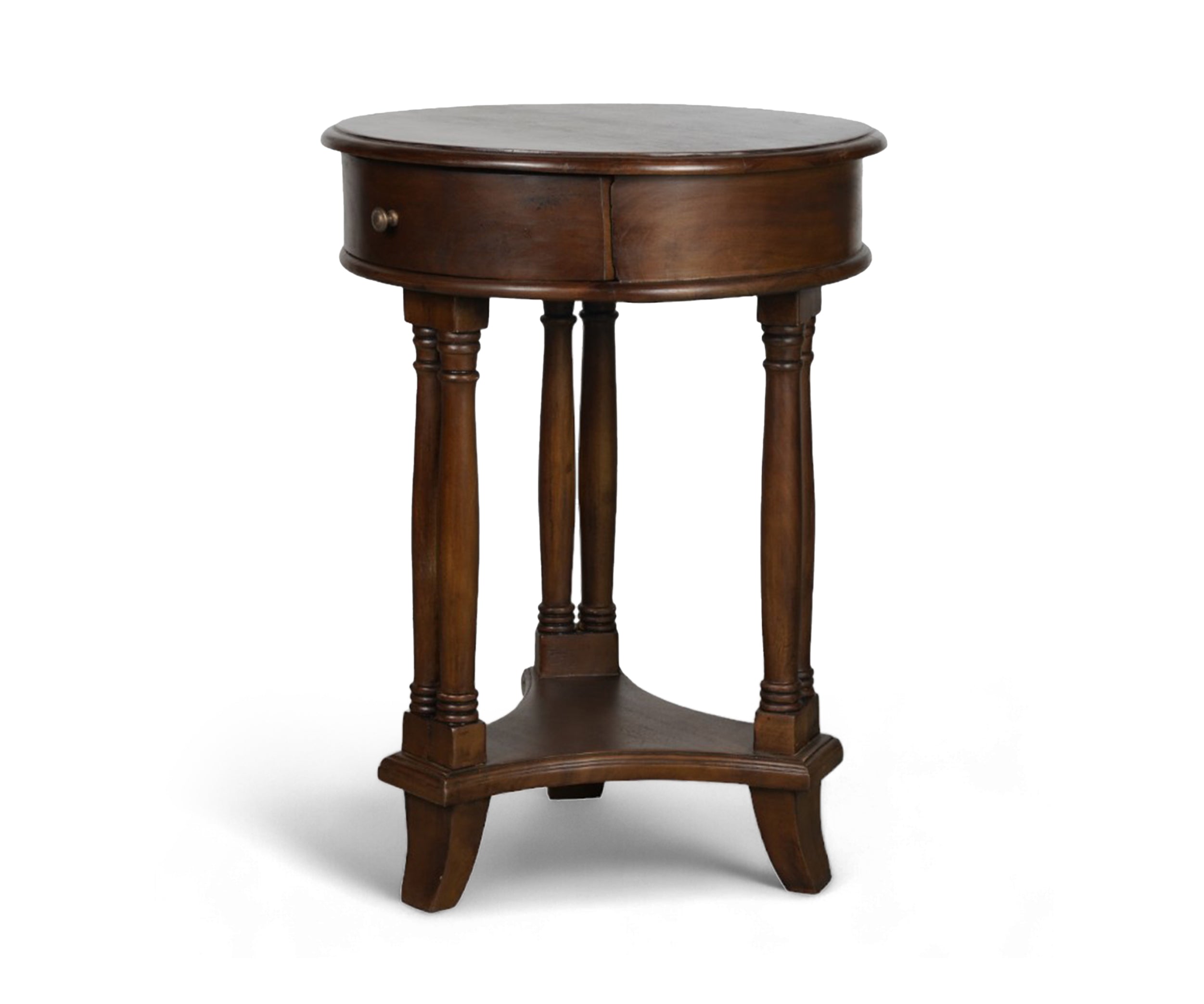 Walnut Round Pedestal Bed Side Table with Drawer