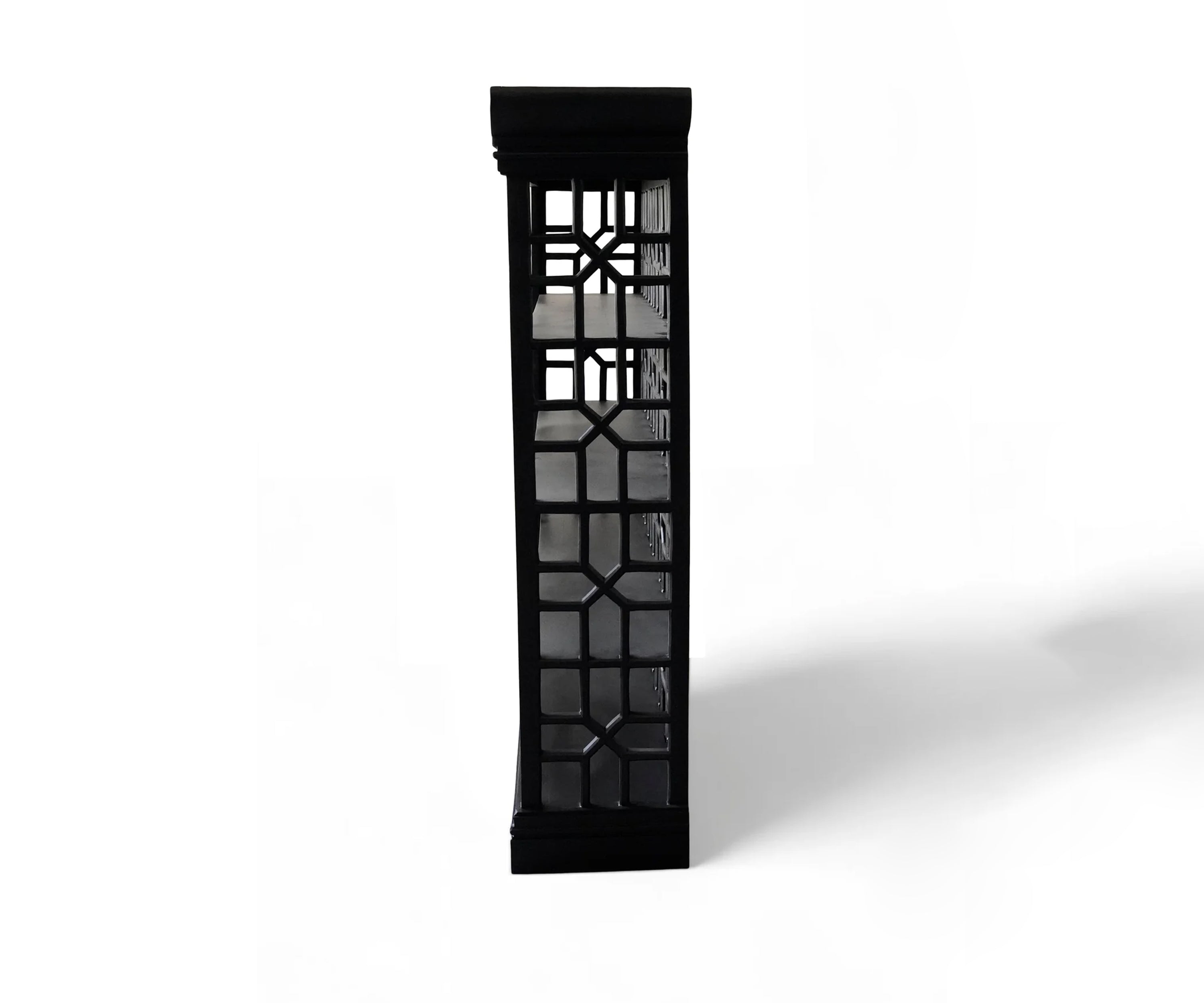 Black Wooden Display Bookshelf with Geometric Lattice Sides