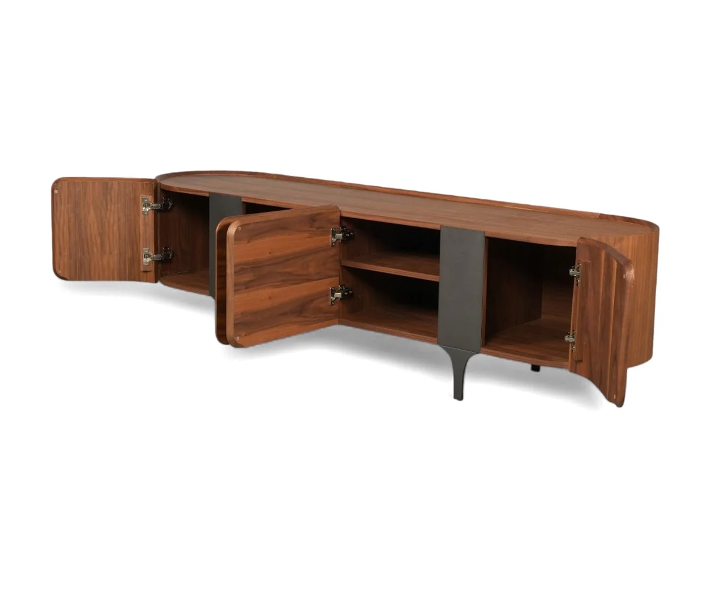 Modern Curved Walnut TV Unit with Storage Cabinets