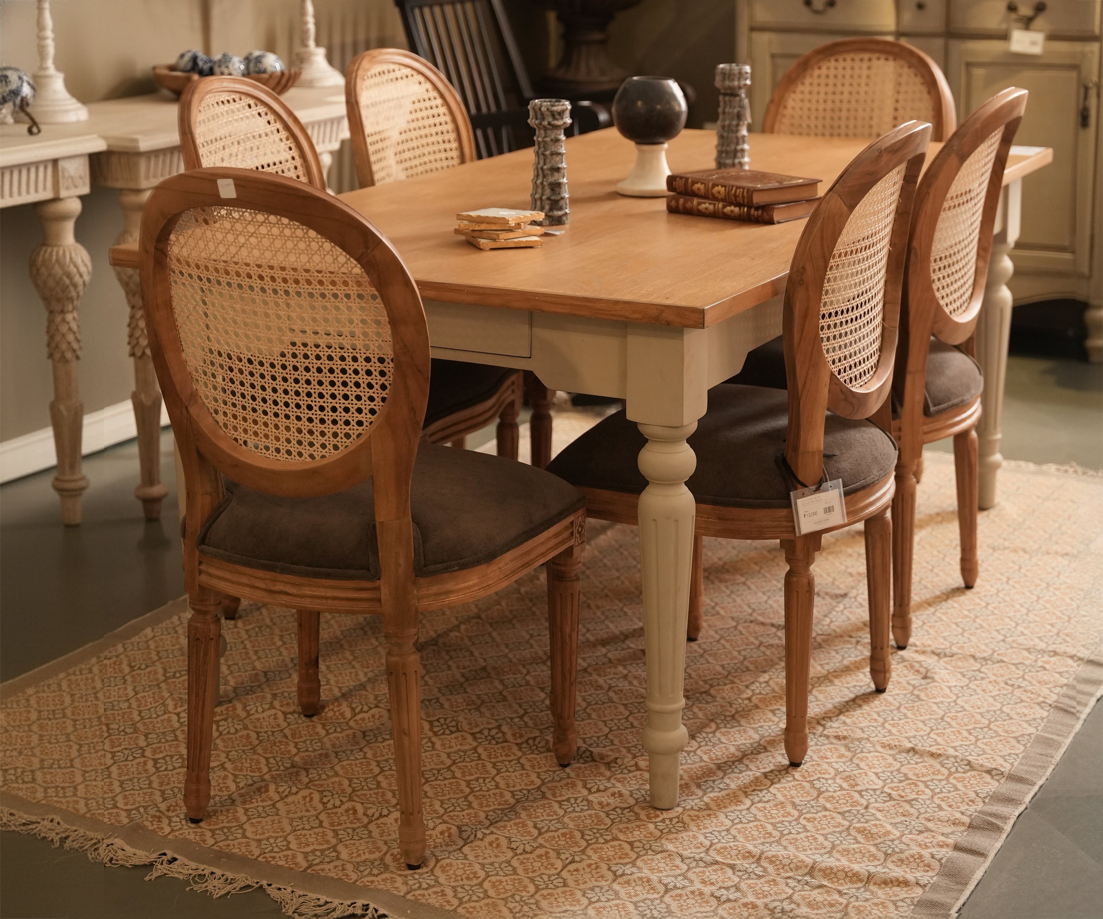 Natural Wood Oval Cane Back Dining Chair with Olive Upholstered Seat