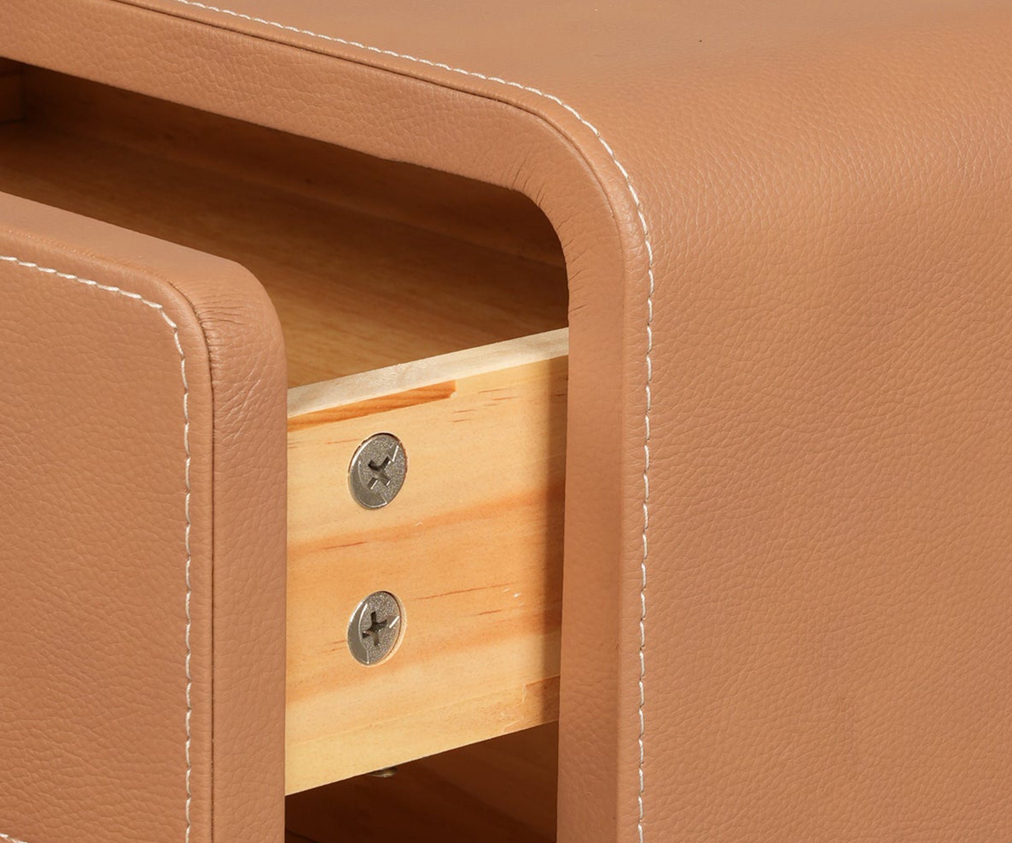 Camel Leather Wrapped 2-Drawer Bed Side Table with Metal Base