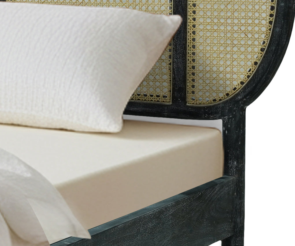 Modern Acacia Wood Cane Bed with Curved Headboard - Black