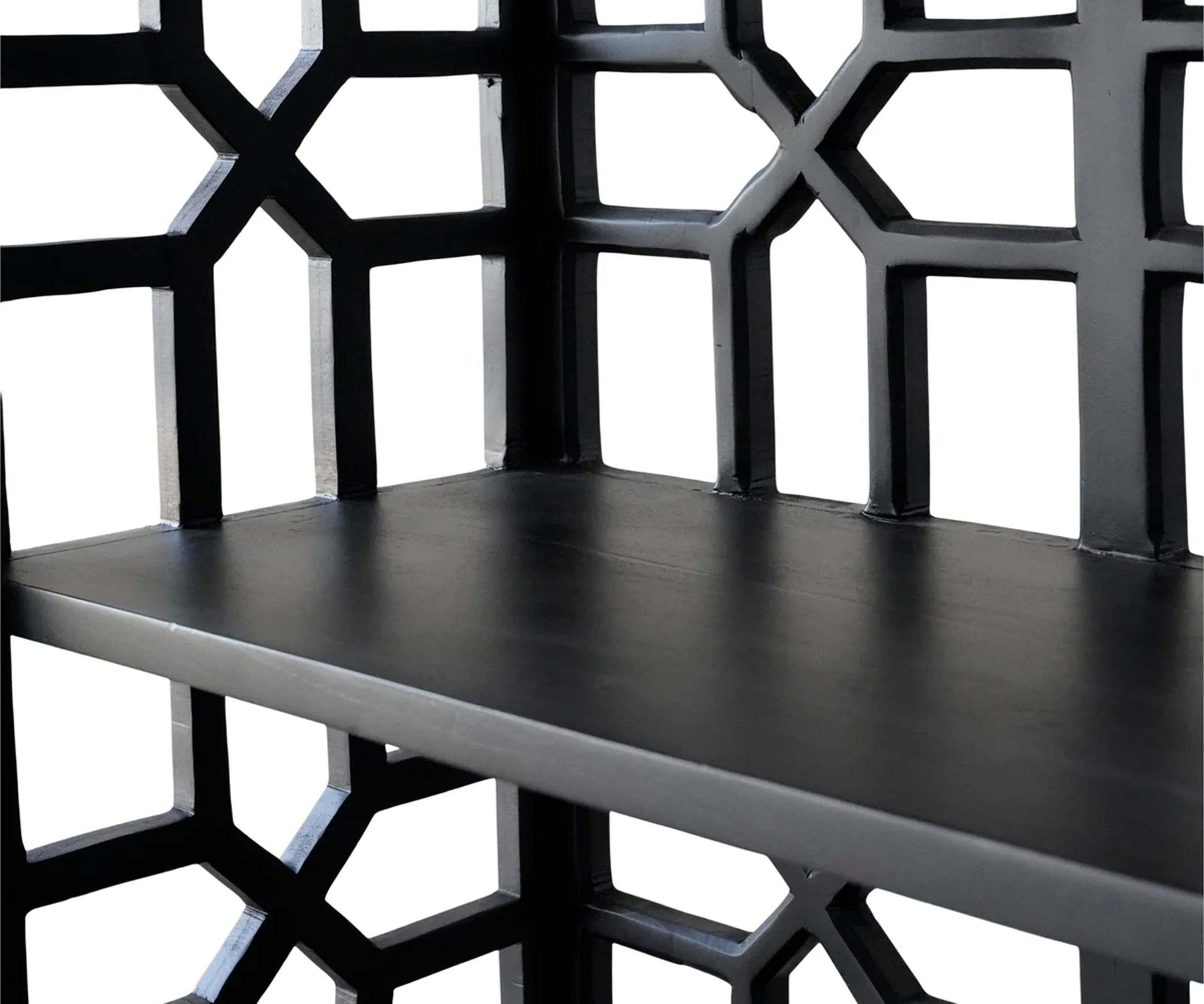 Black Wooden Display Bookshelf with Geometric Lattice Sides