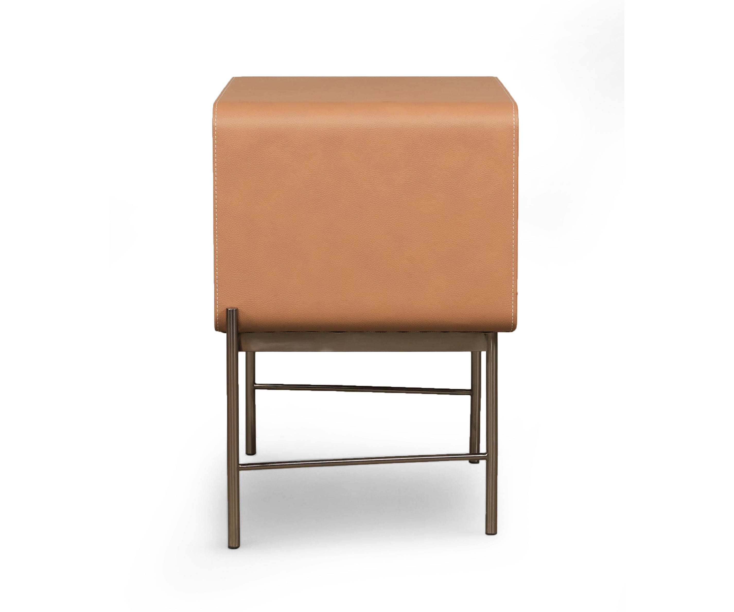 Camel Leather Wrapped 2-Drawer Bed Side Table with Metal Base