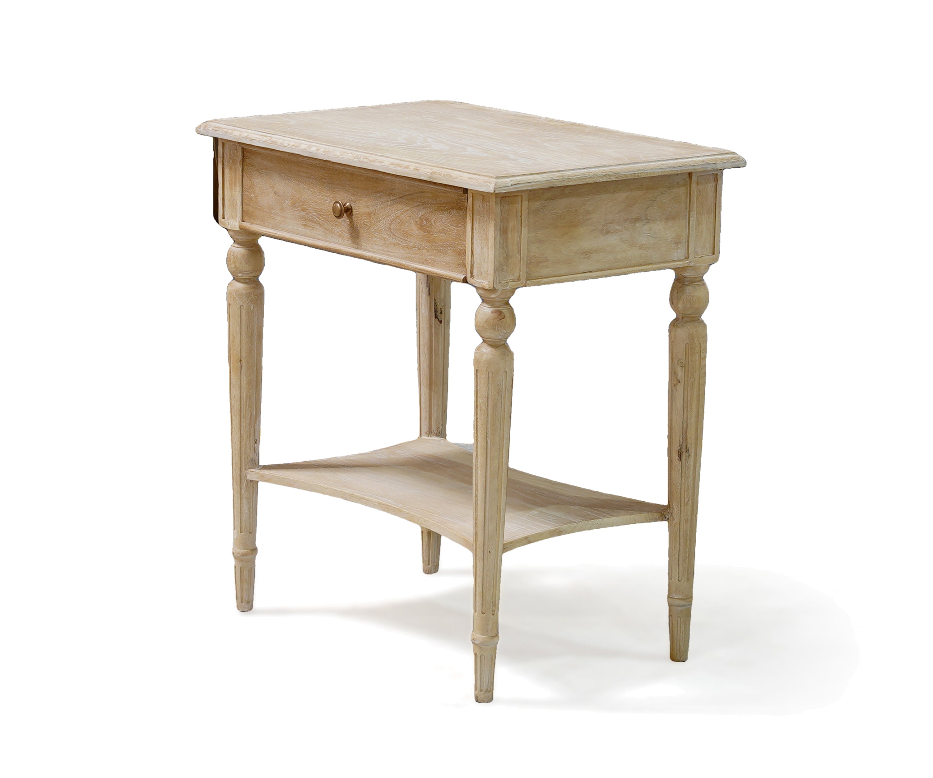 Antique Natural Wood Fluted Leg Bedside Table