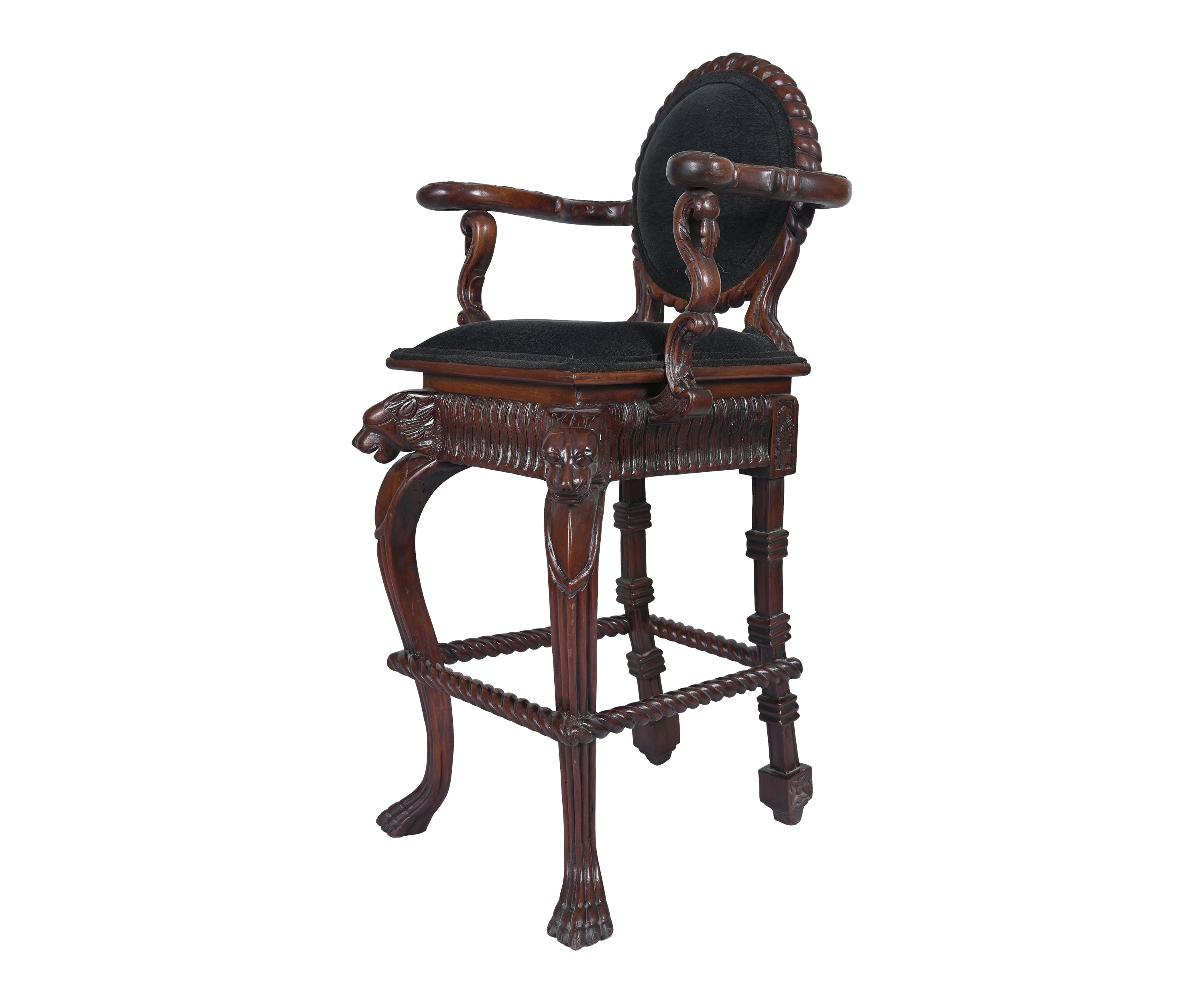 Antique Style Carved Wooden Bar Chair with Black Upholstered Seat