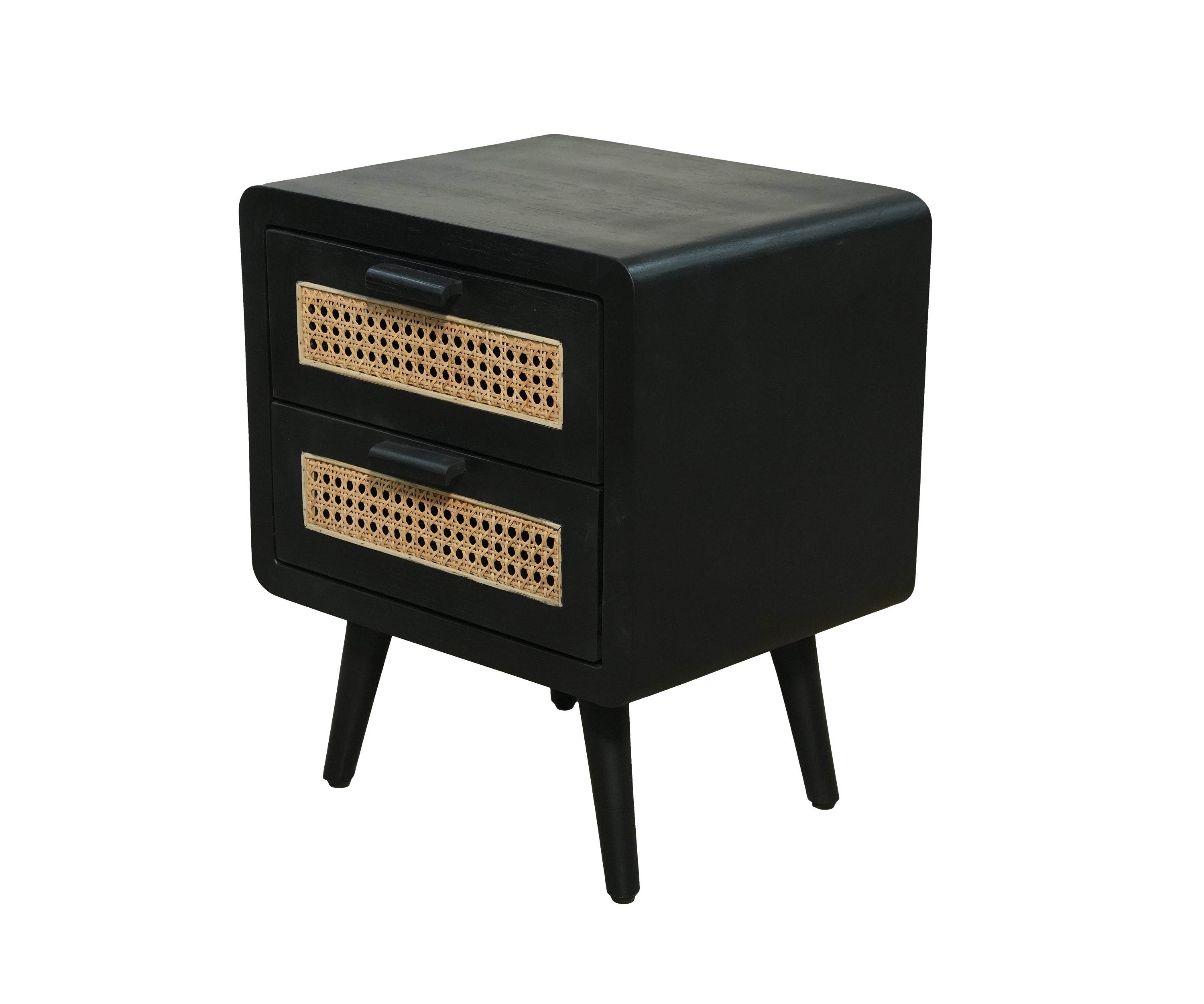 Black 2-Drawer Bedside Table with Rattan Drawer Fronts