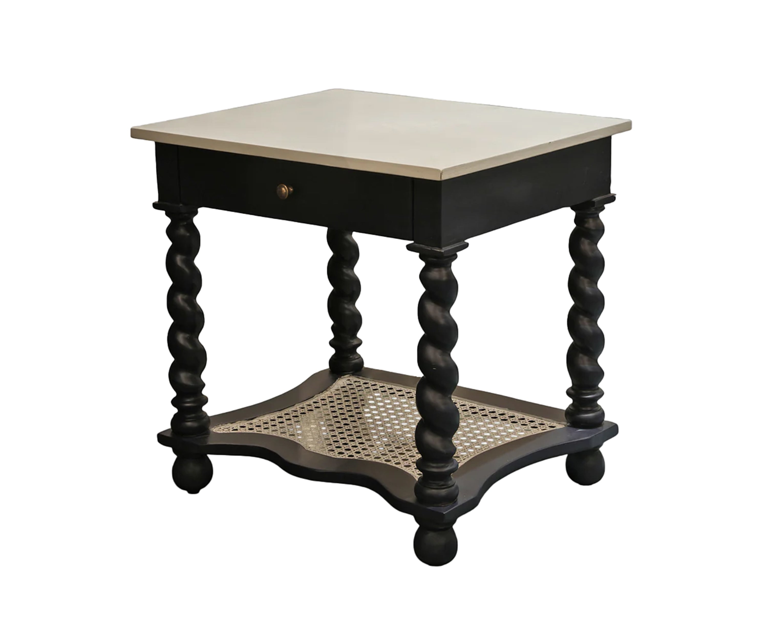 Black Barley Twist Cane Shelf Bed Side Table with Ivory Top