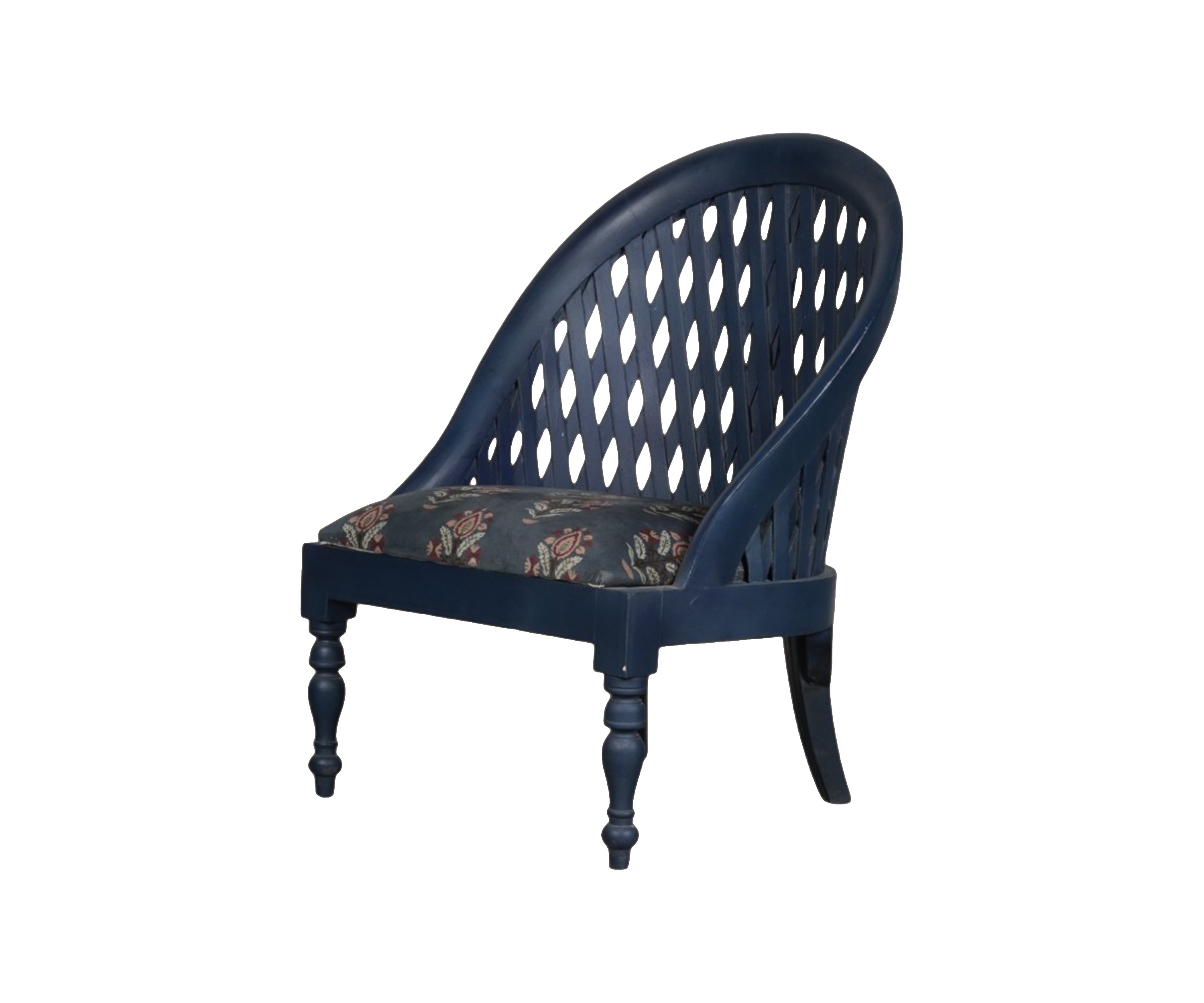 Blue Lattice Back Armchair with Patterned Upholstery