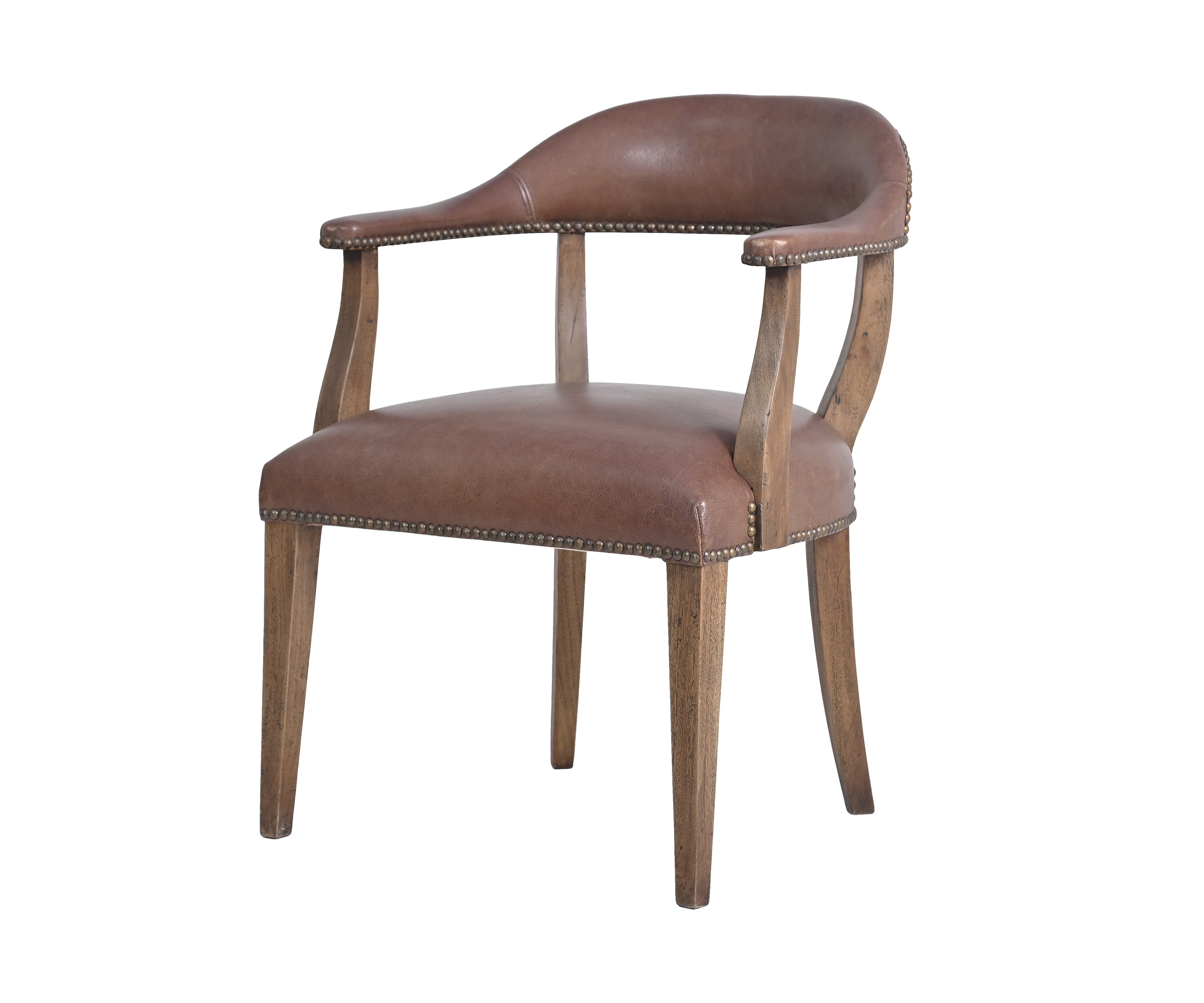 Brown Leather Armchair with Brass Nailhead Trim