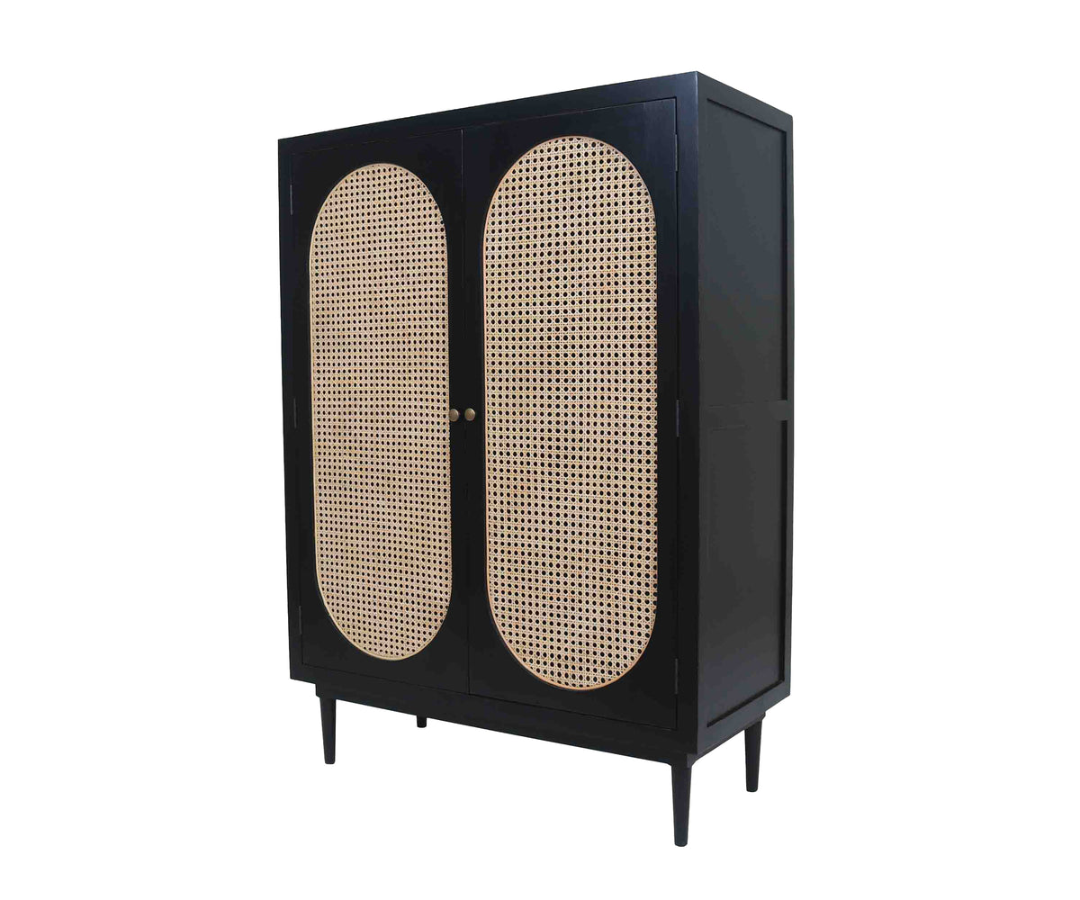 Modern Black Accent Cabinet with 2 Arched Rattan Doors