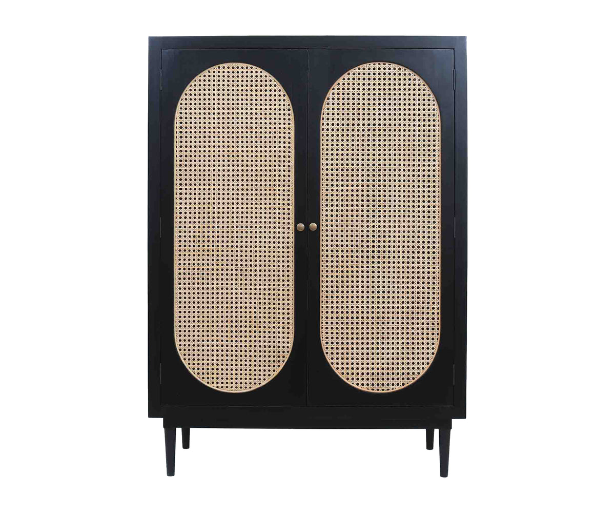 Modern Black Accent Cabinet with 2 Arched Rattan Doors
