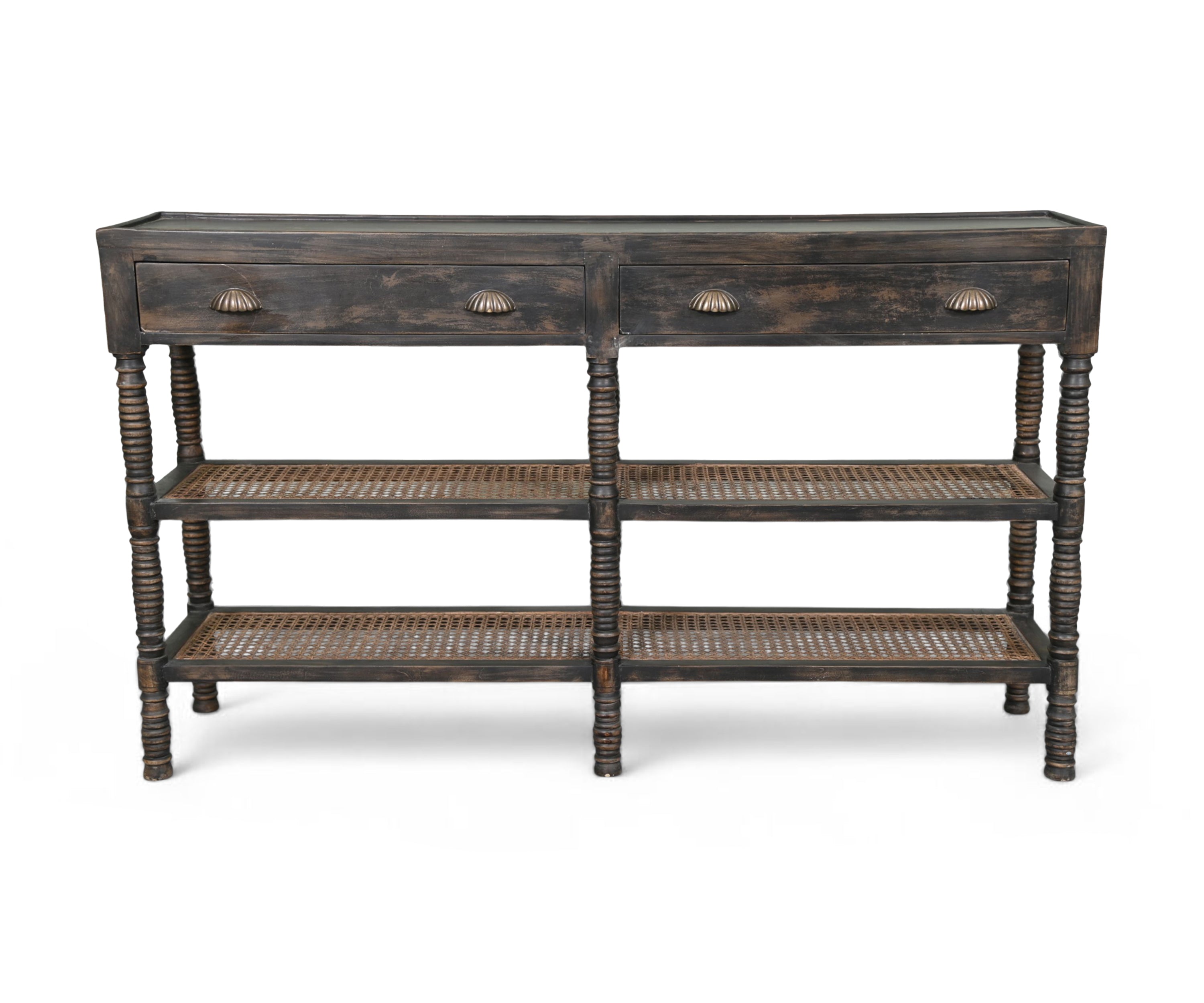 Vintage Style Console Table with Cane Shelves and Drawer Storage