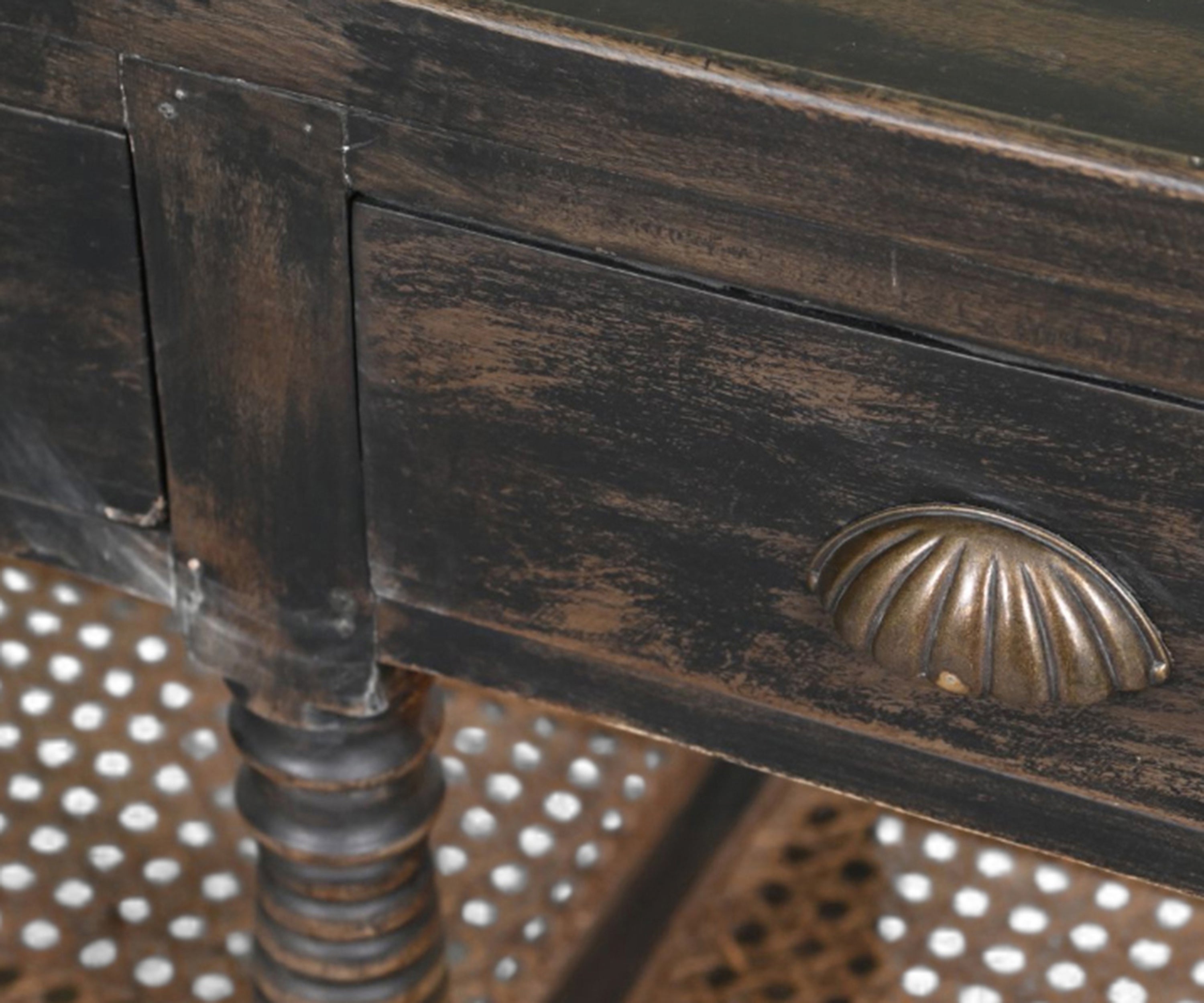 Vintage Style Console Table with Cane Shelves and Drawer Storage