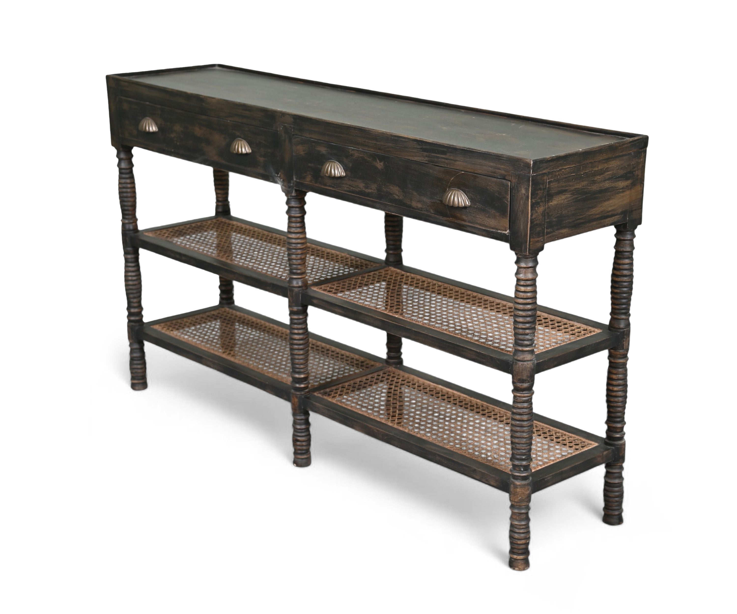 Vintage Style Console Table with Cane Shelves and Drawer Storage