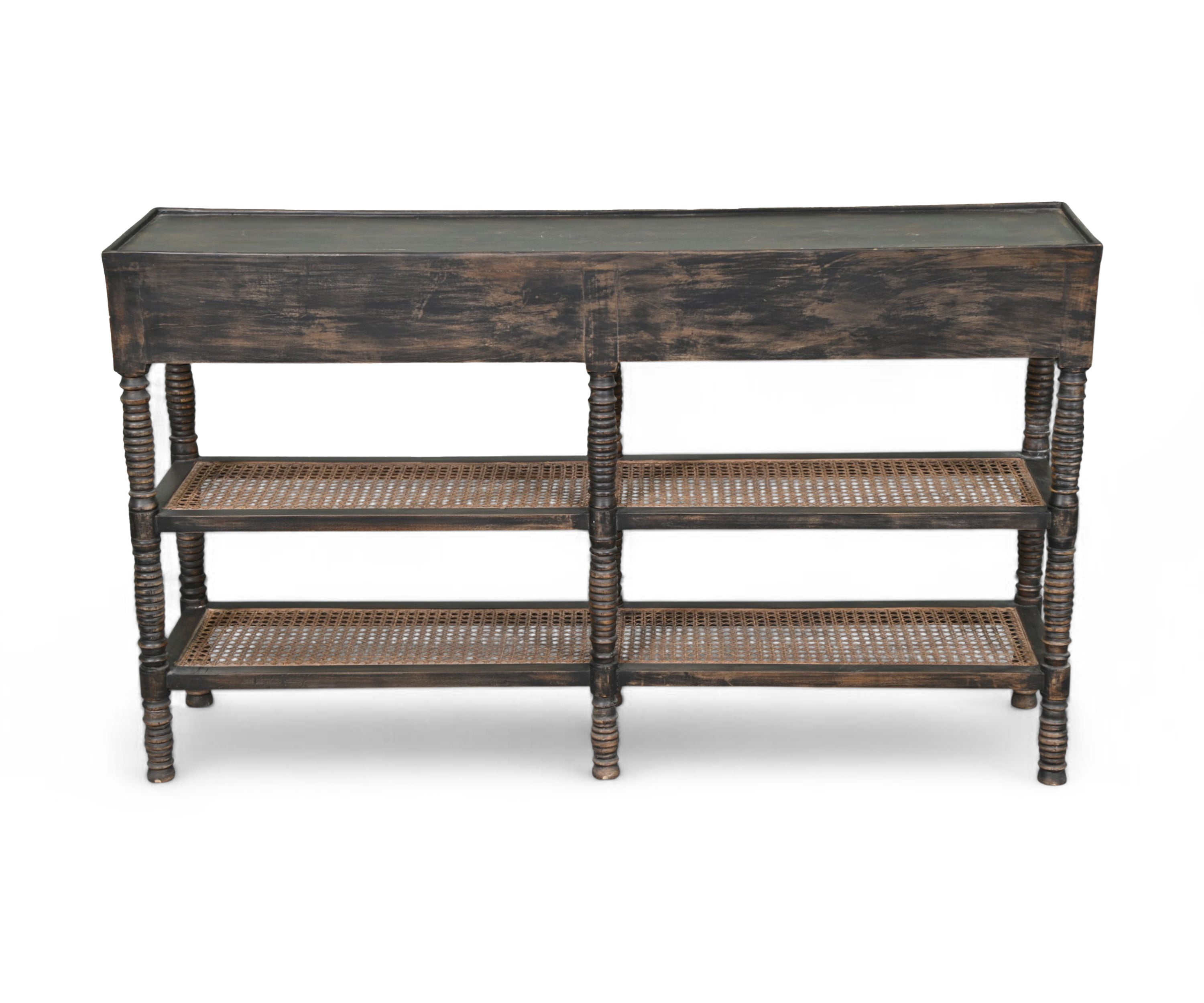 Vintage Style Console Table with Cane Shelves and Drawer Storage