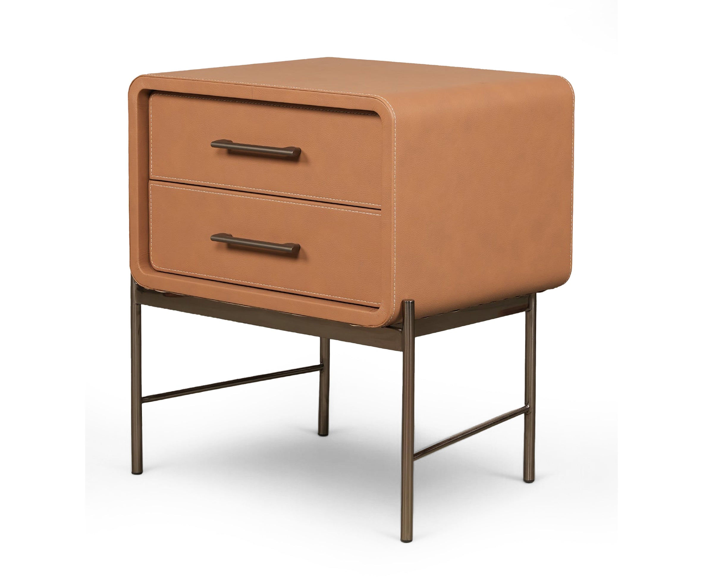 Camel Leather Wrapped 2-Drawer Bed Side Table with Metal Base