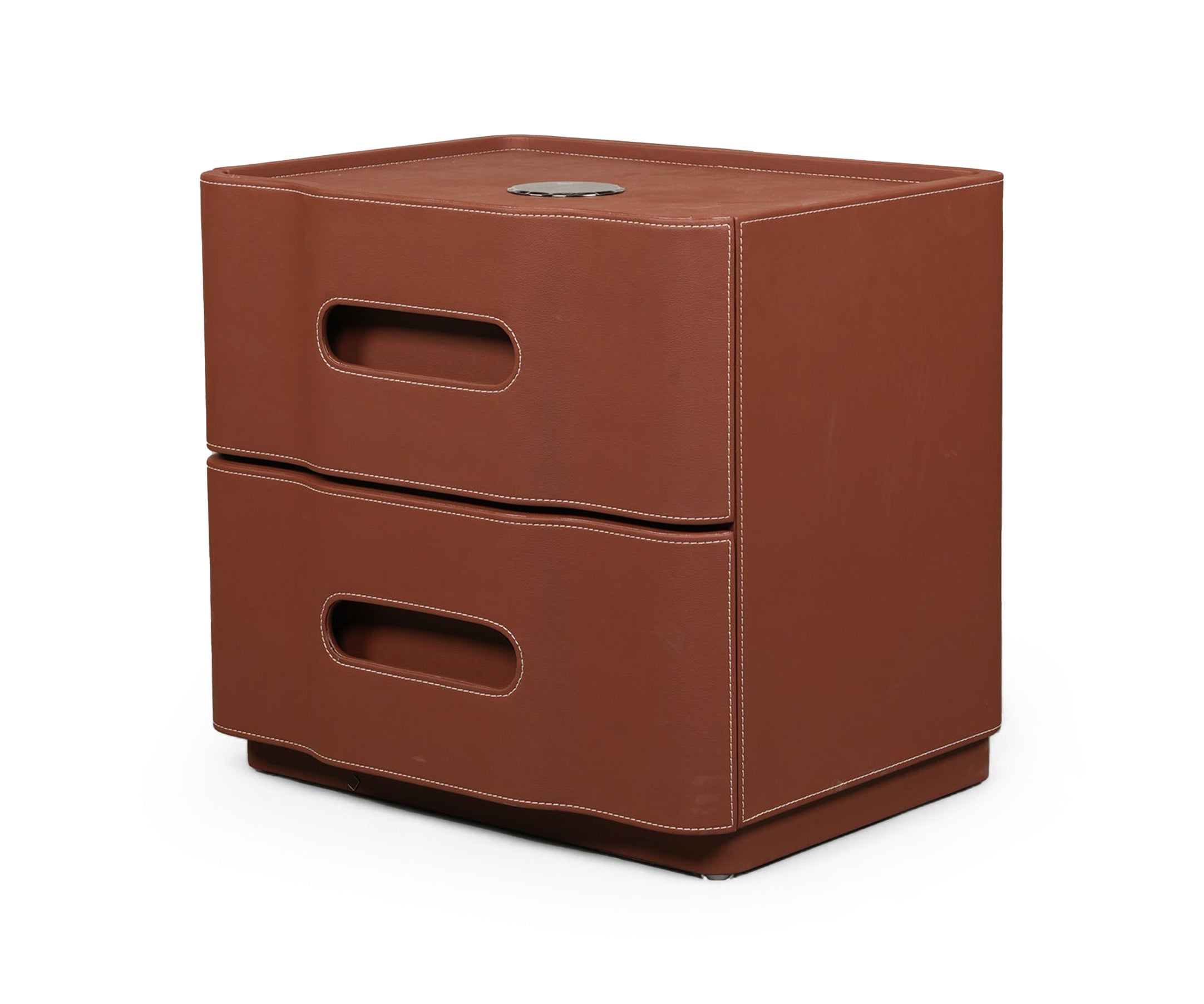 Cognac Leather Wrapped 2-Drawer Bed Side Table with Cutout Handles