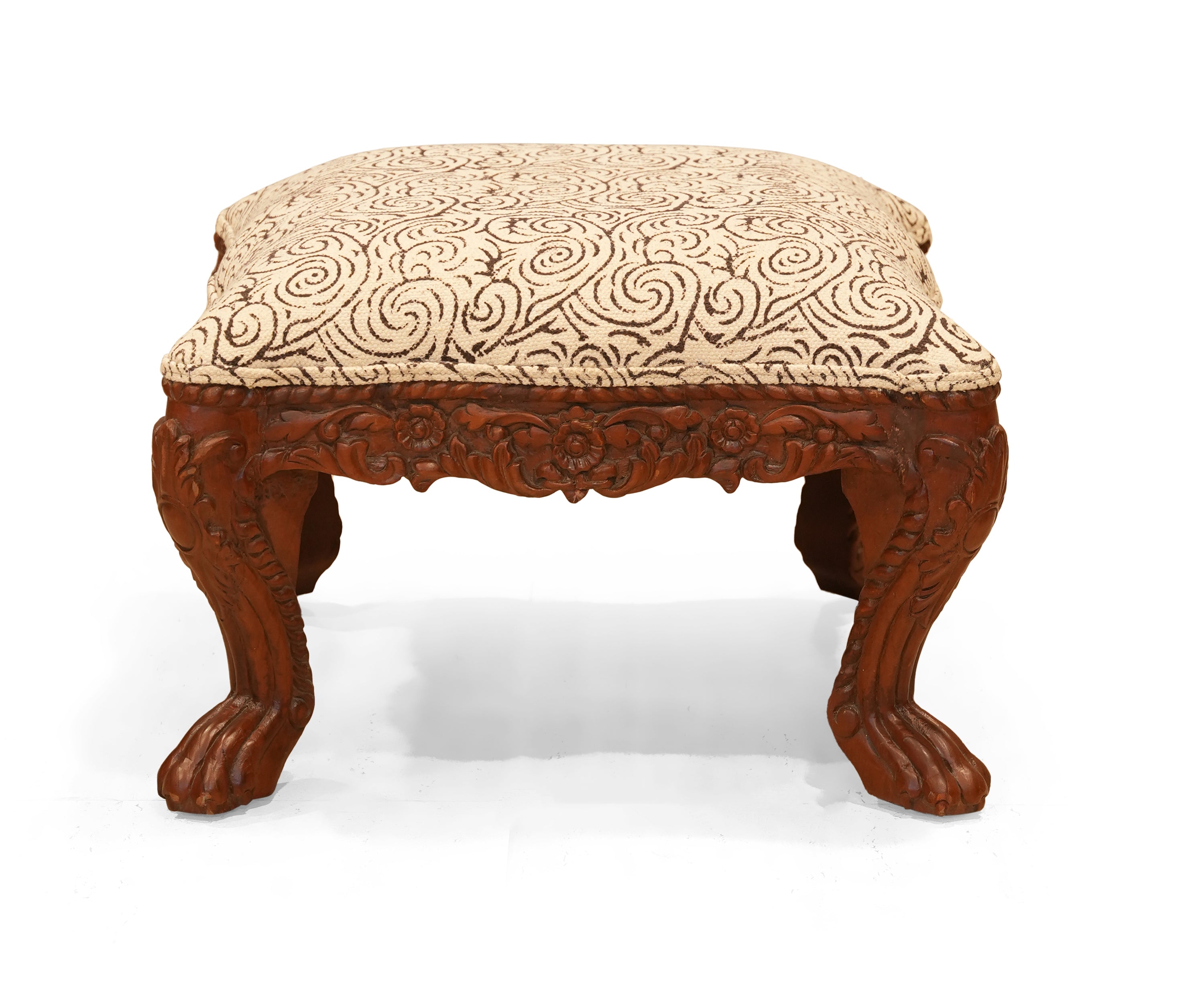 Carved Wooden Accent Stool with Printed Seat