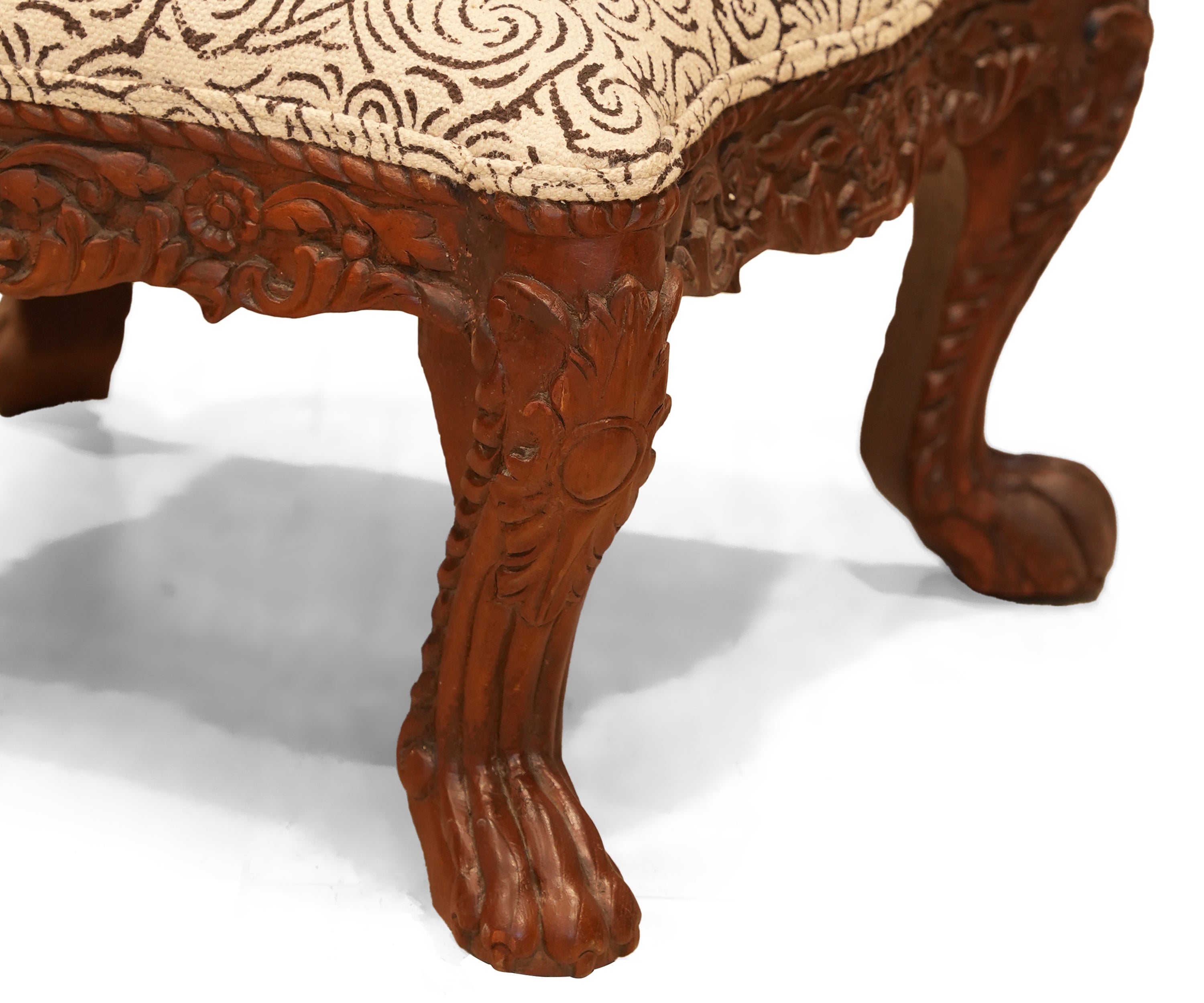 Carved Wooden Accent Stool with Printed Seat