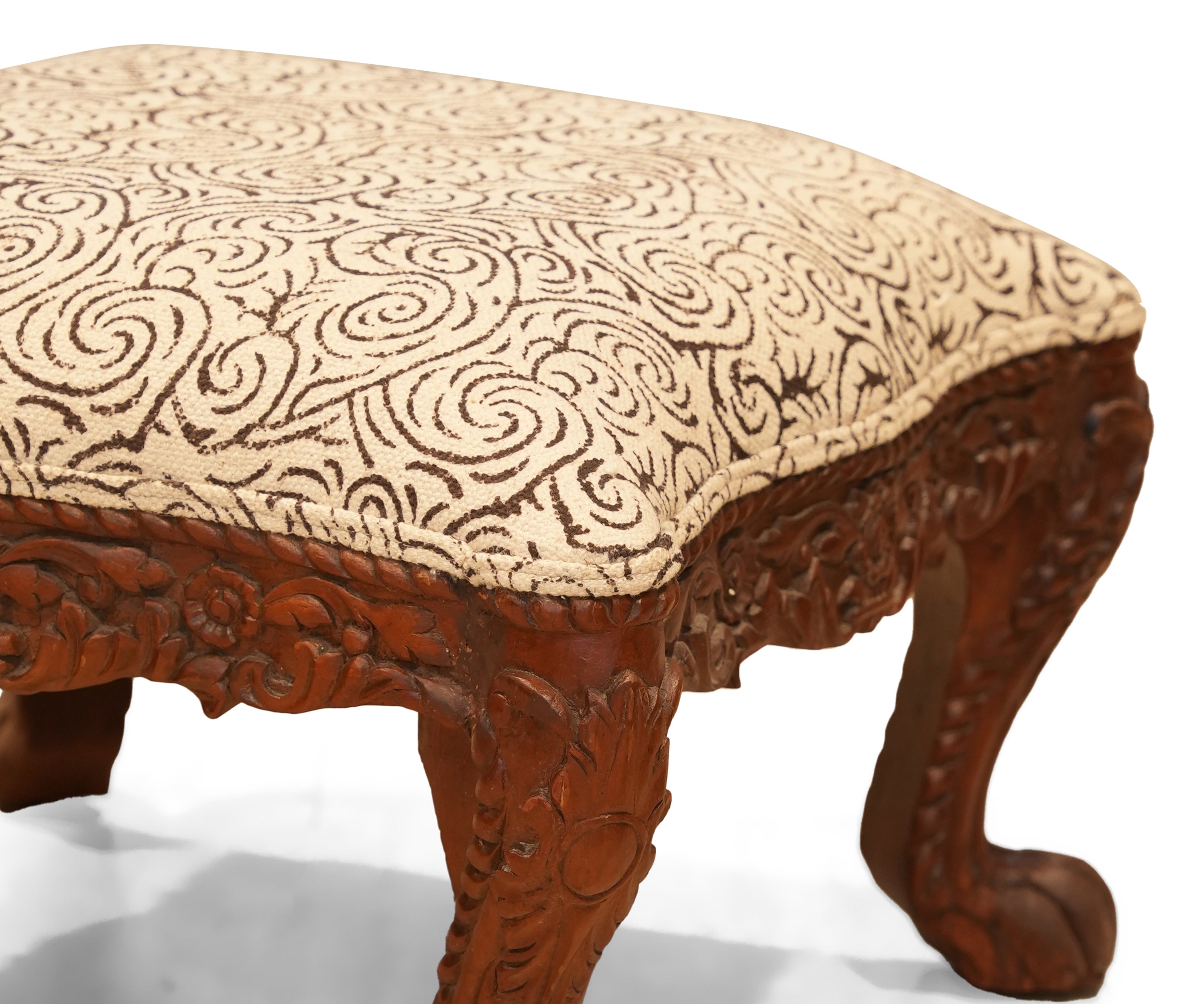 Carved Wooden Accent Stool with Printed Seat