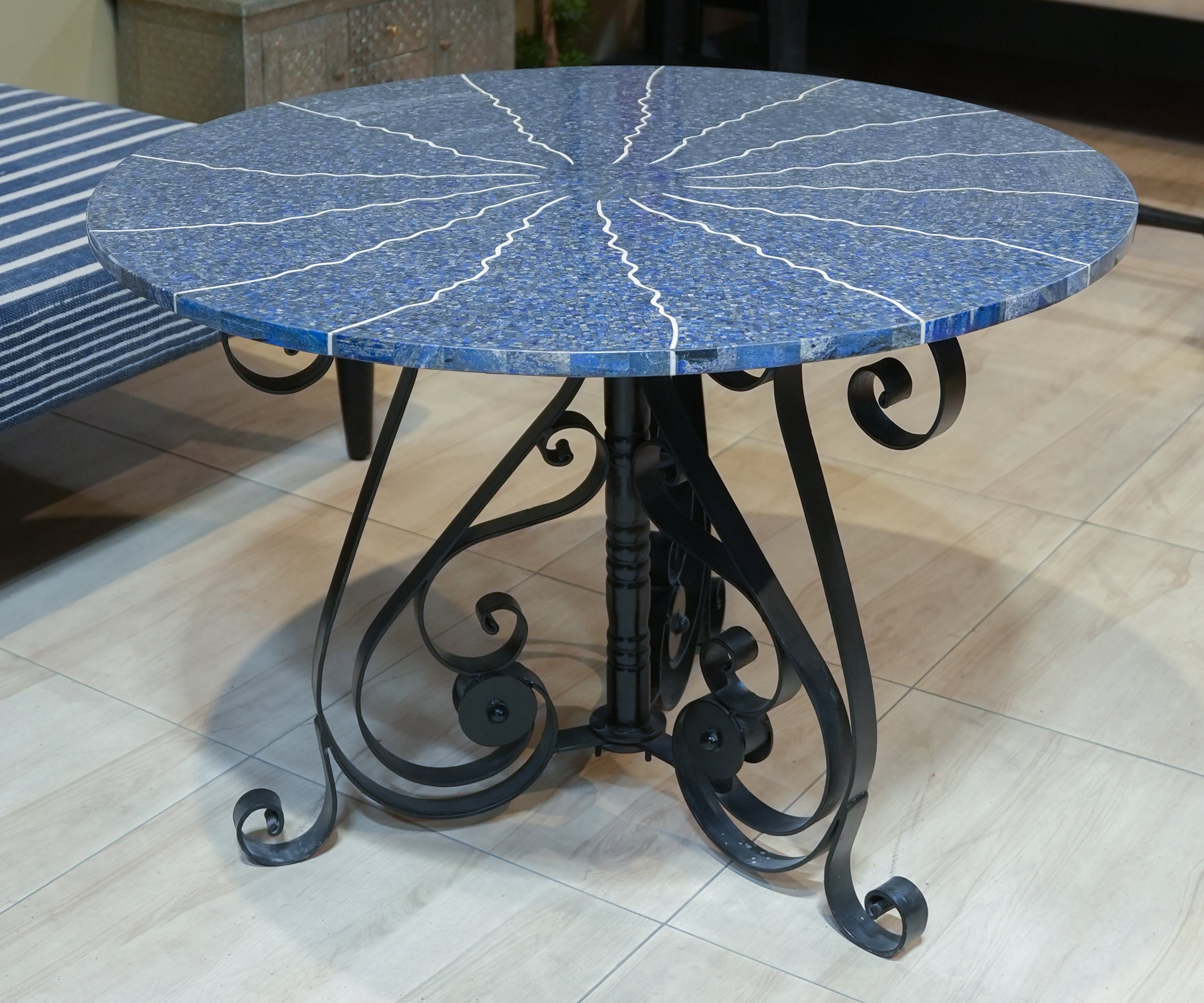 Lapis Lazuli Inlay Round Dining Table with Wrought Iron Base