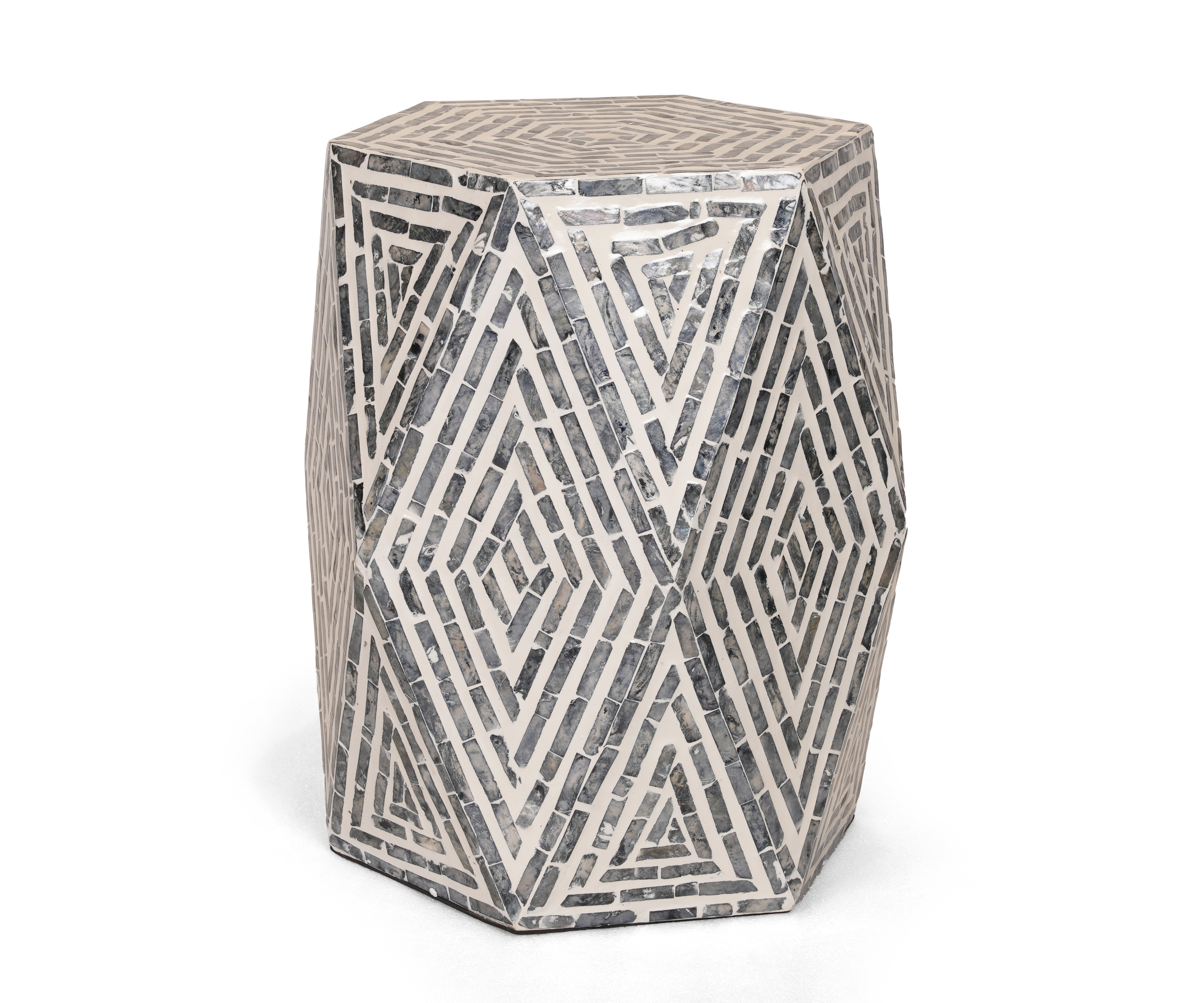 Grey Mother of Pearl Inlay Side Table with Geometric Mosaic Design