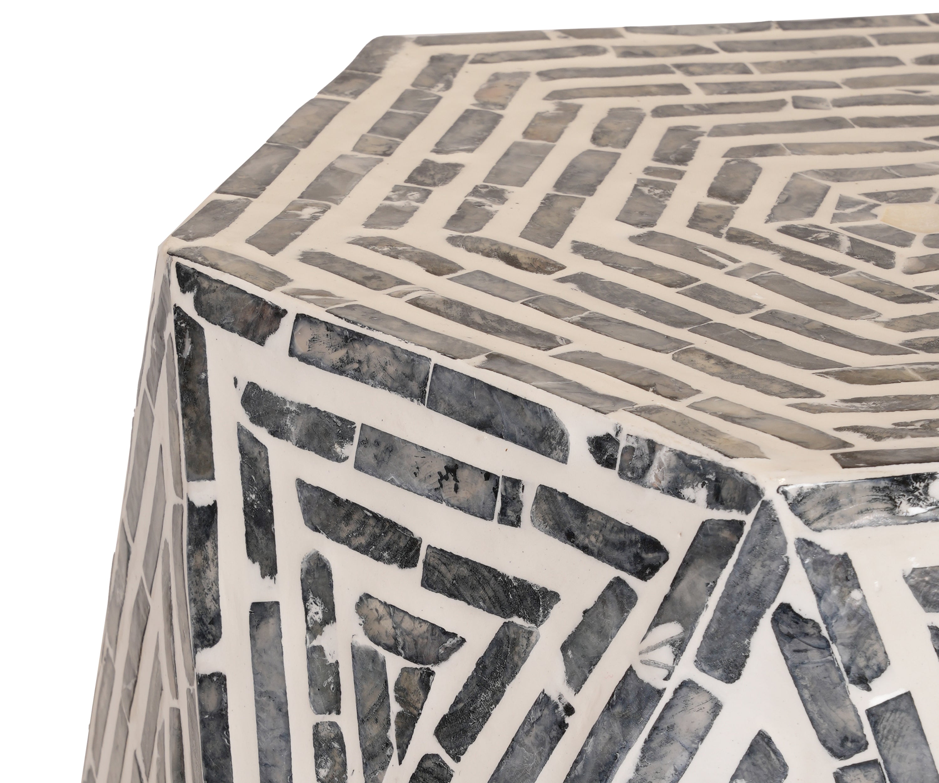 Grey Mother of Pearl Inlay Side Table with Geometric Mosaic Design