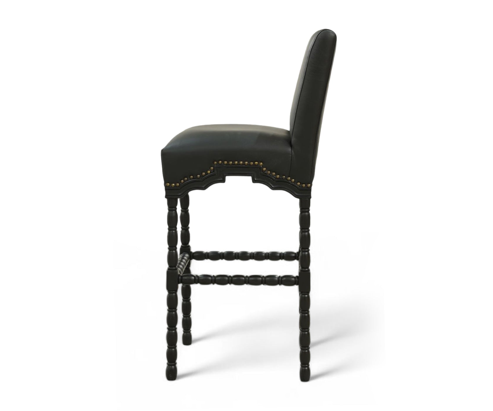 French Style Leather Bar Chair with Carved Wood Frame - Black