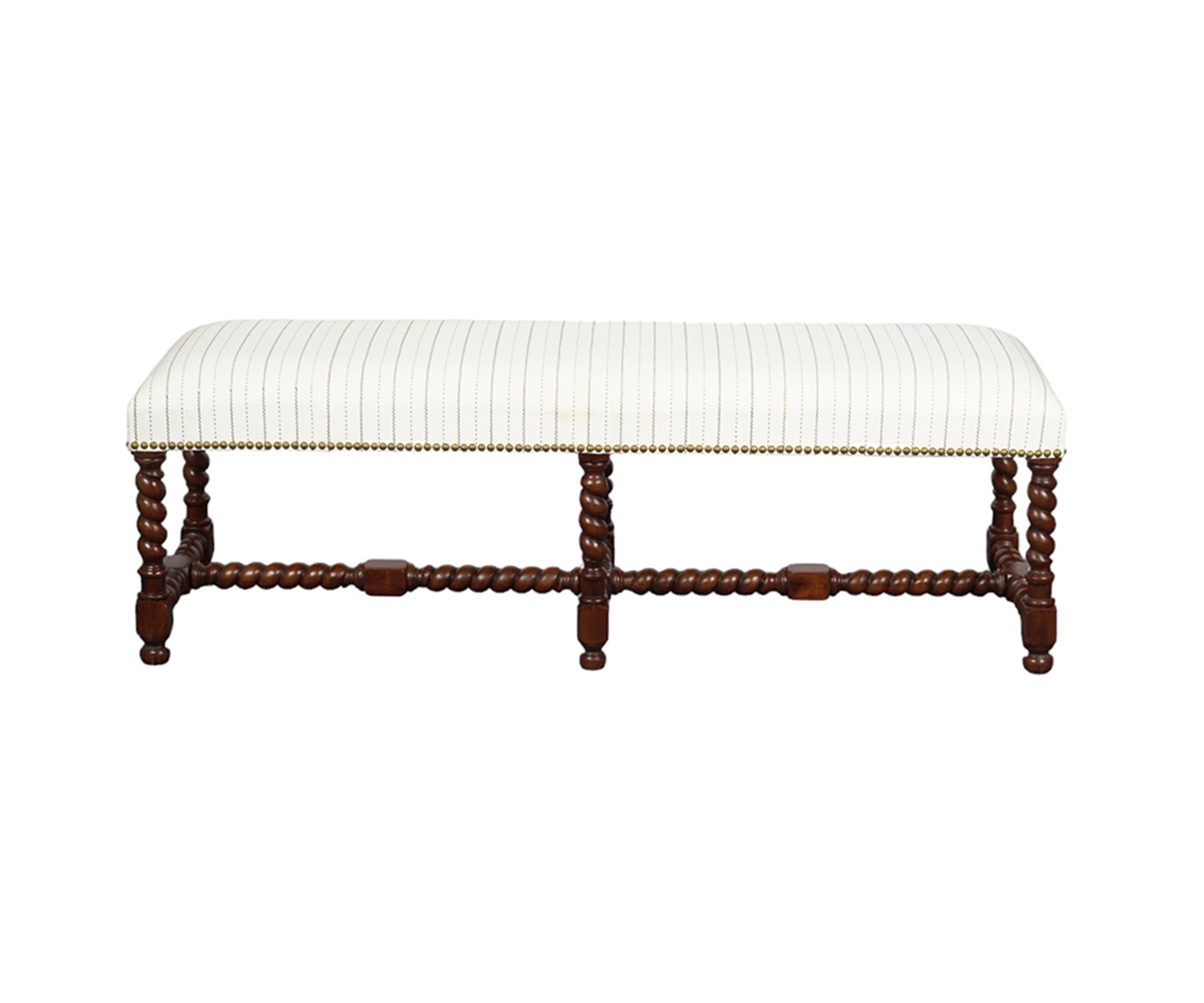 Barley Twist Wooden Bench with Striped Upholstered Seat and Brass Nail Studs